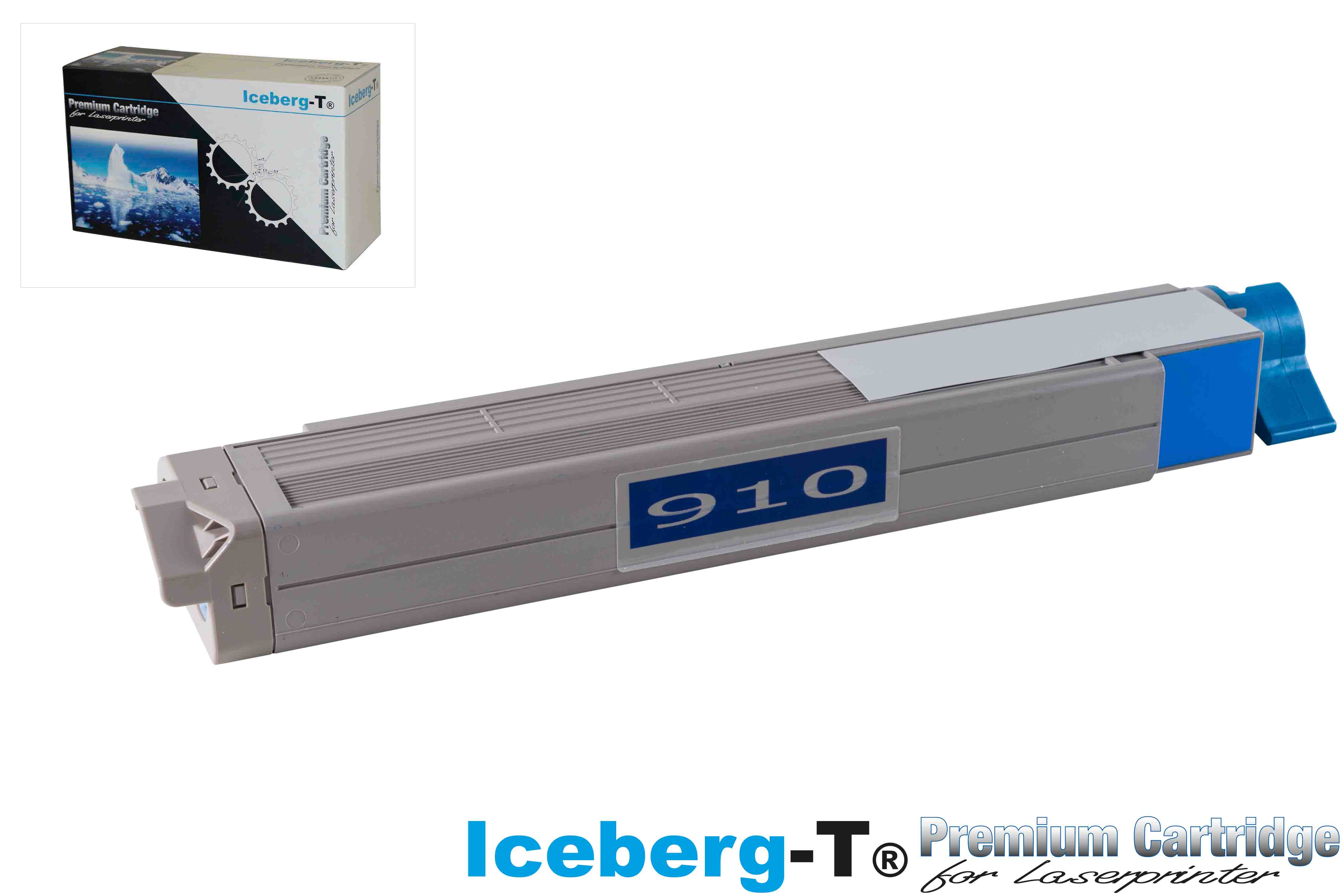 Grauer Laserdrucker-Toner 910 mit blauem Teil und Kartonverpackung.