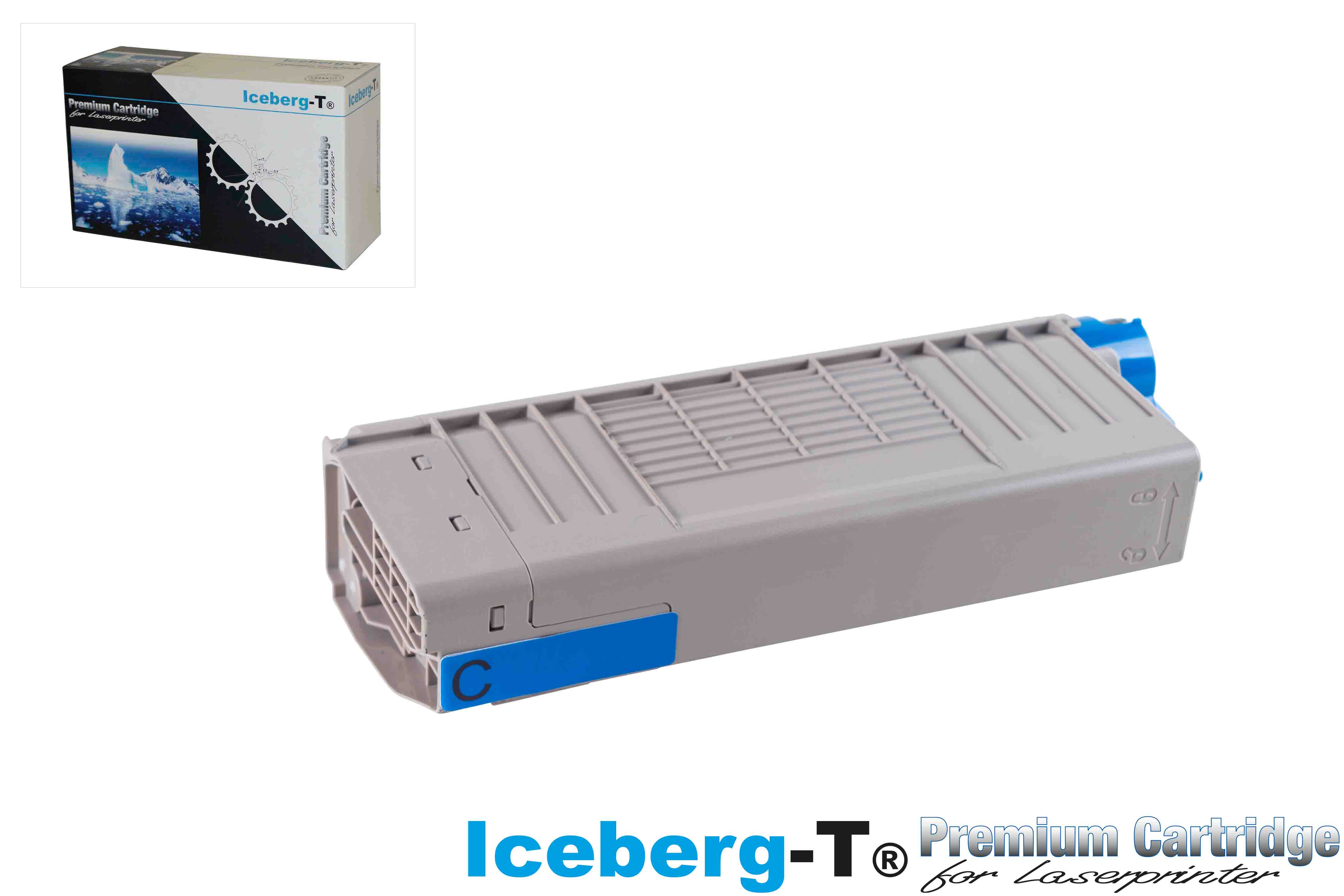 Graue Laserdruckerpatrone mit blauer Markierung und "C"-Symbol.