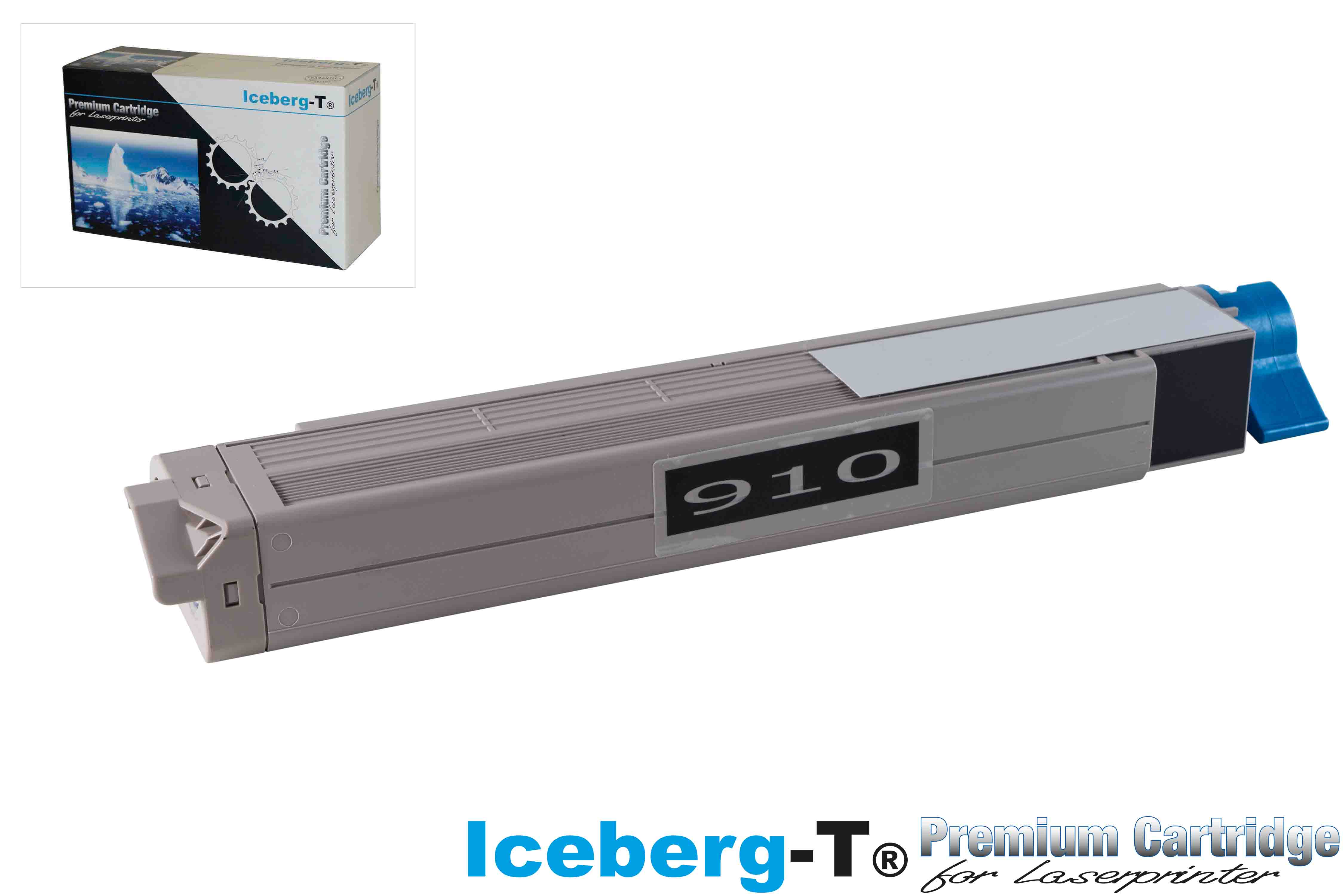 Grauer Laserdrucker-Toner mit blauer Kappe und der Nummer 910.