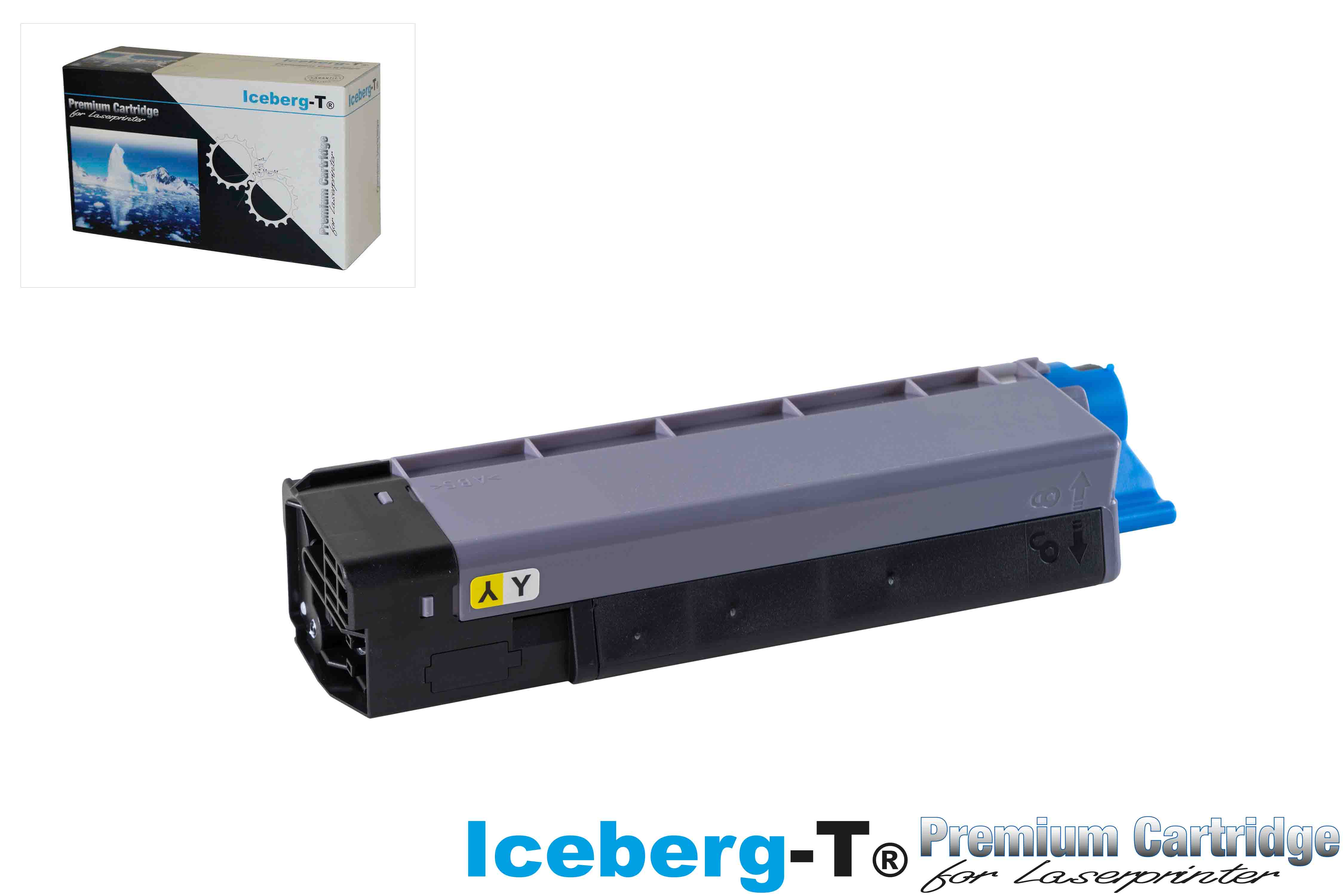 Ein gelber Laserdrucker-Toner mit schwarzem Gehäuse und blauen Elementen.