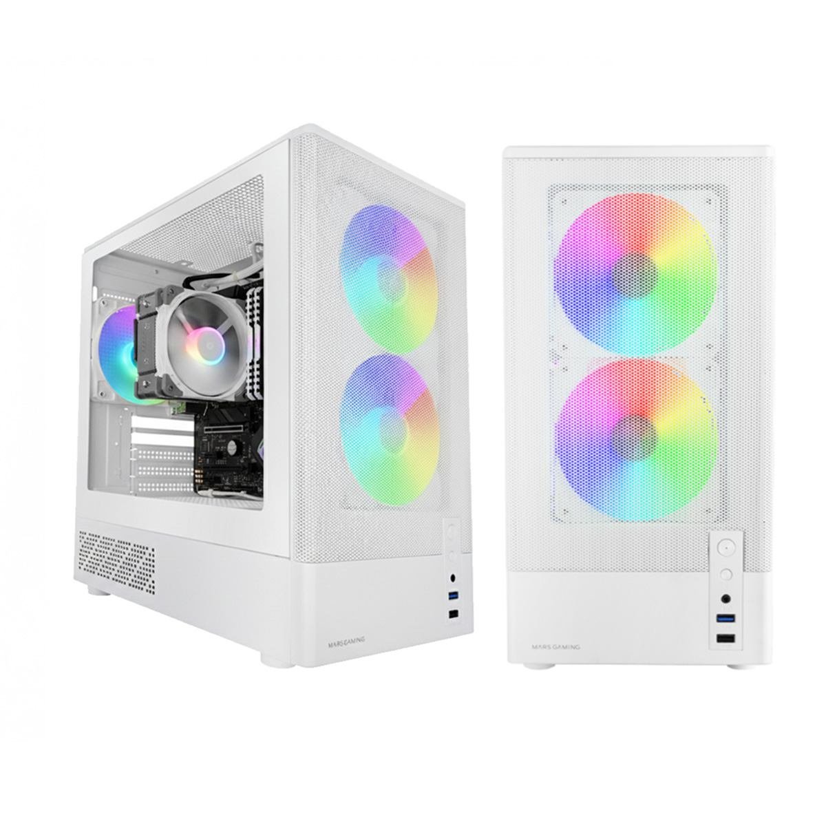 Una caja de PC blanca con ventiladores RGB, una abierta mostrando el interior, la otra cerrada.