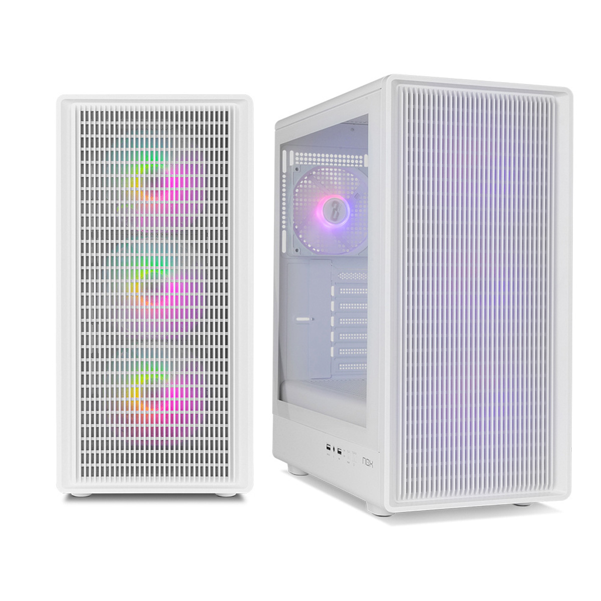 Dos cajas de ordenador blancas una al lado de la otra, una muestra ventilador RGB, la otra con rejillas verticales.