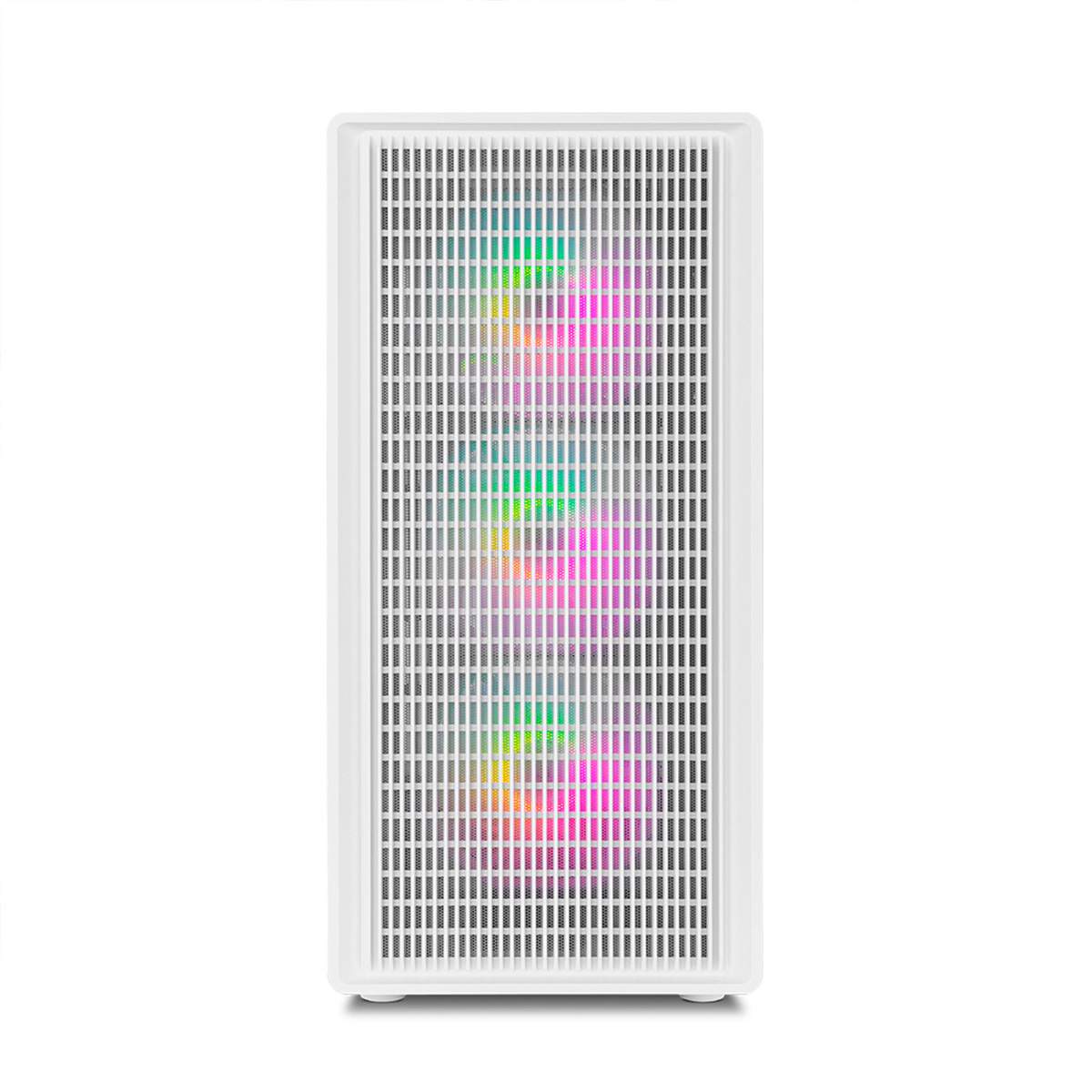 Una caja de PC blanca con panel frontal perforado y luces de colores.