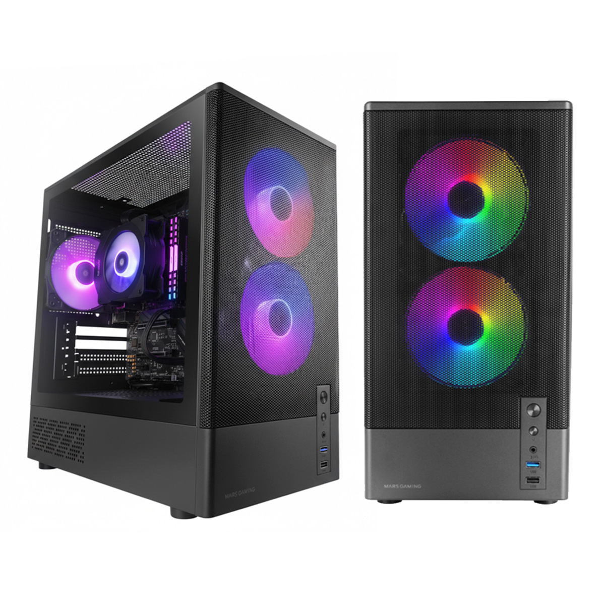 Dos cajas de PC negras con ventiladores RGB coloridos, una abierta mostrando componentes.