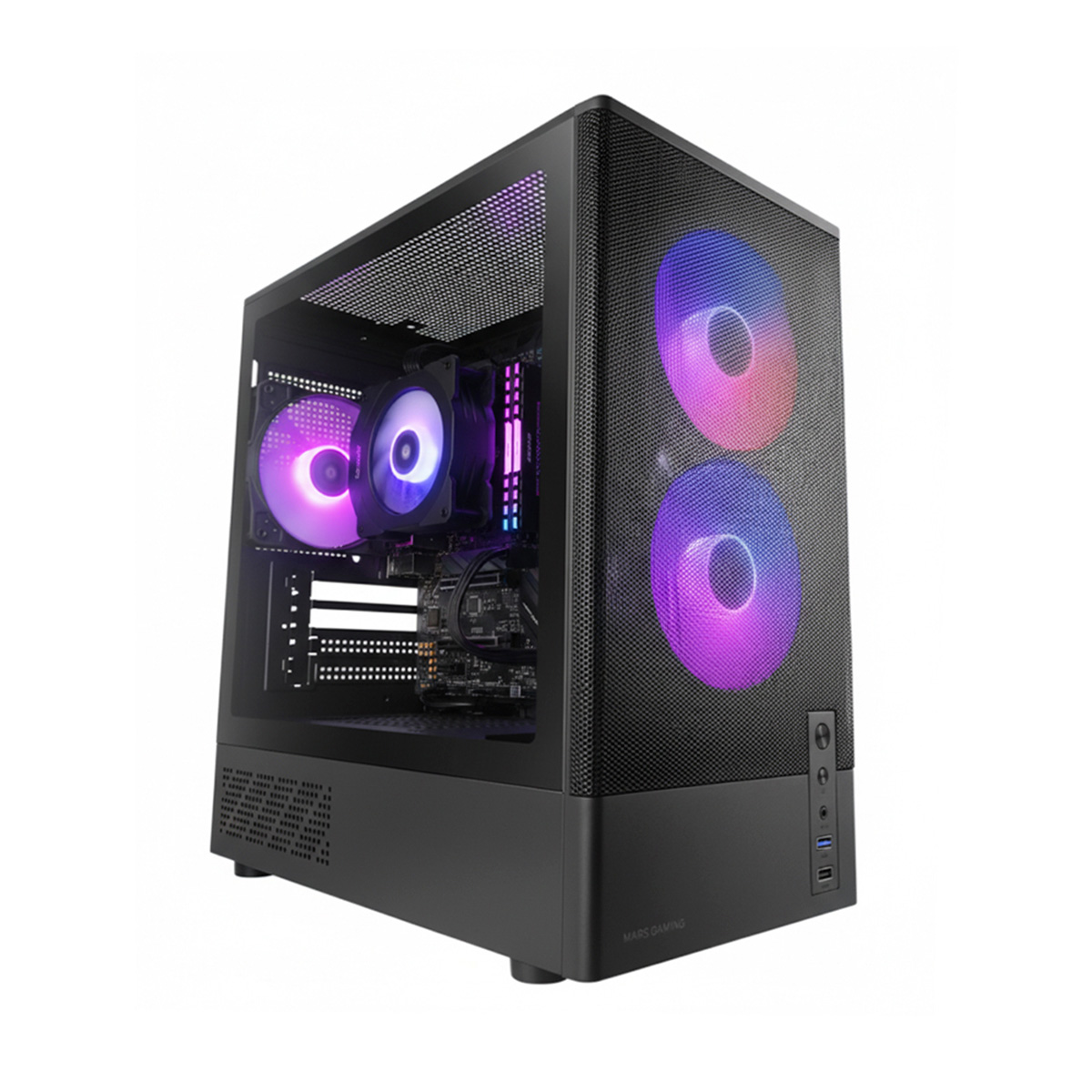 Una caja de PC negra con ventiladores RGB y panel lateral de cristal.