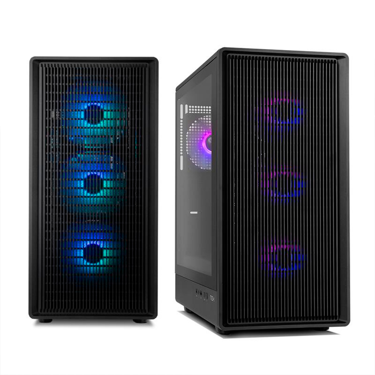 Dos torres de ordenador negras una al lado de la otra, con ventiladores iluminados.