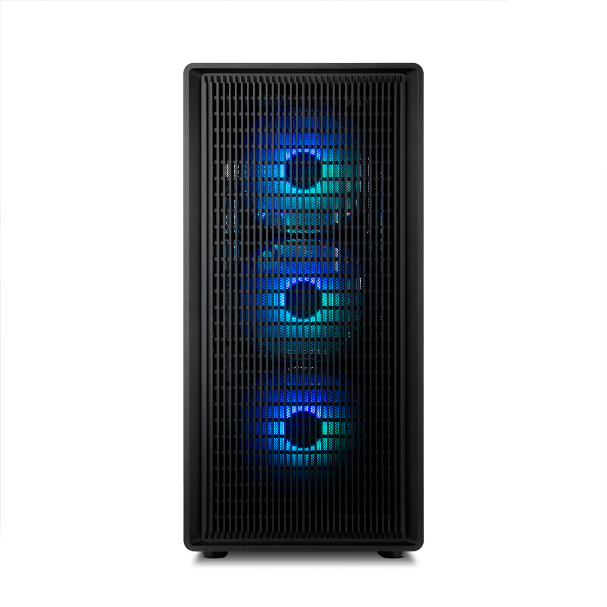 Una caja de PC negra con tres ventiladores iluminados (azul/verde).