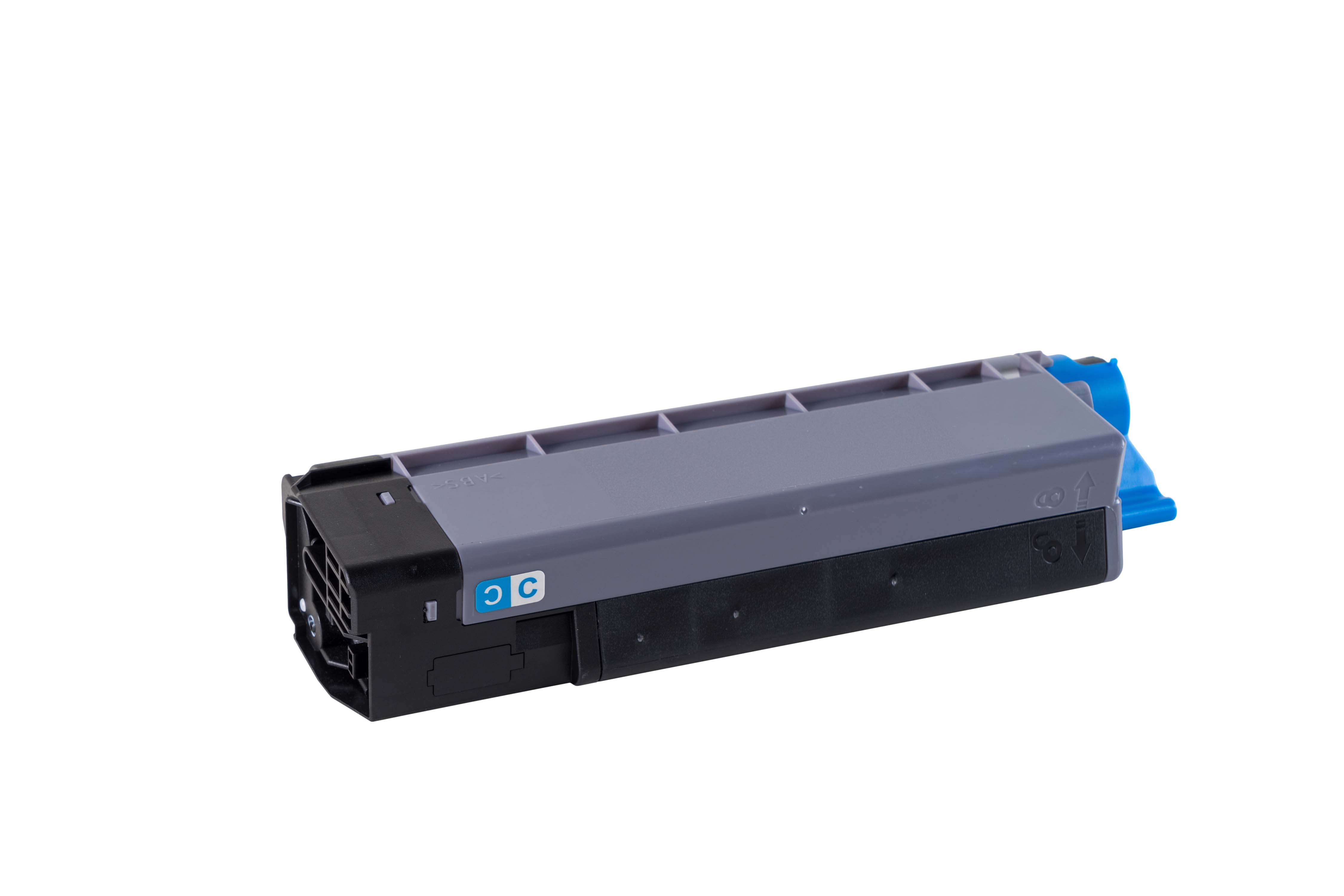 Cartouche de toner grise et noire avec des accents bleus, sur fond blanc.