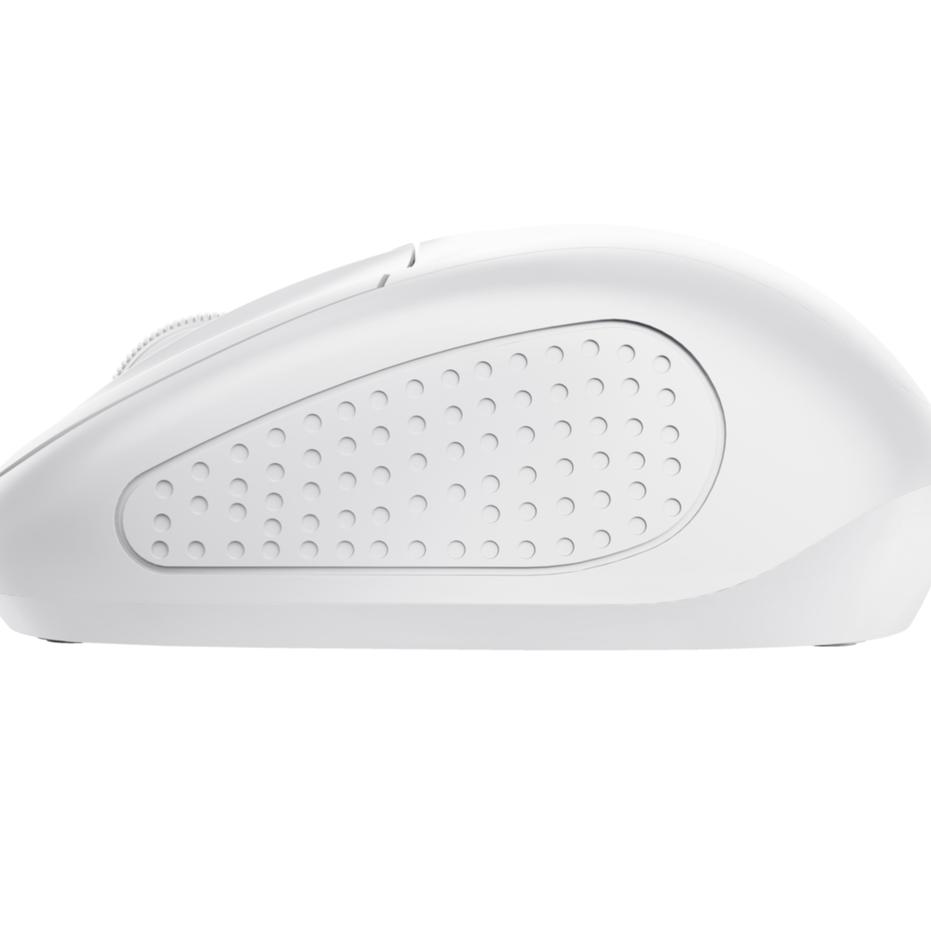 A white computer mouse with a textured grip and scroll wheel on a white background.