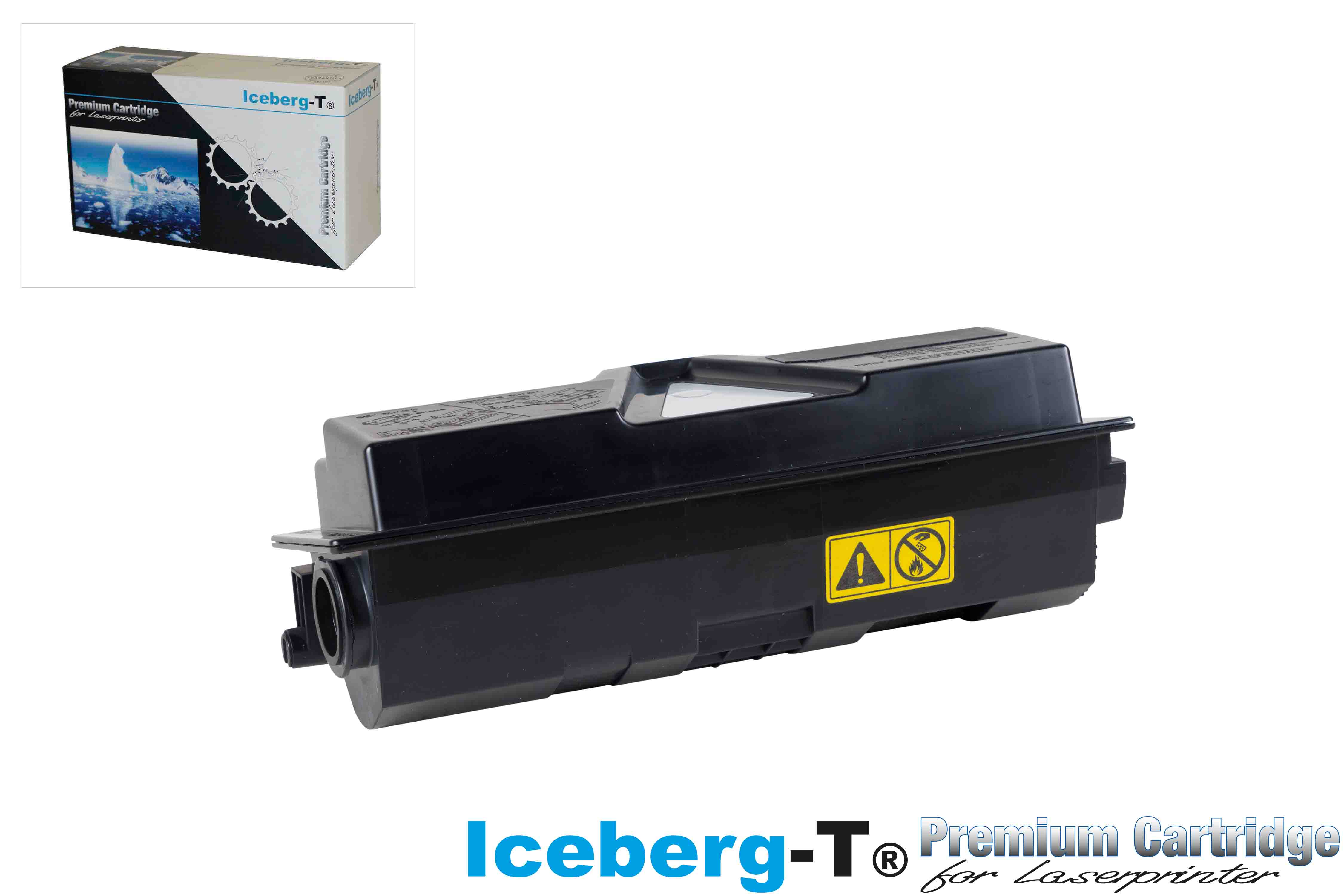 Schwarze Laserdruckerpatrone mit Iceberg-T-Logo und Warnsymbolen.