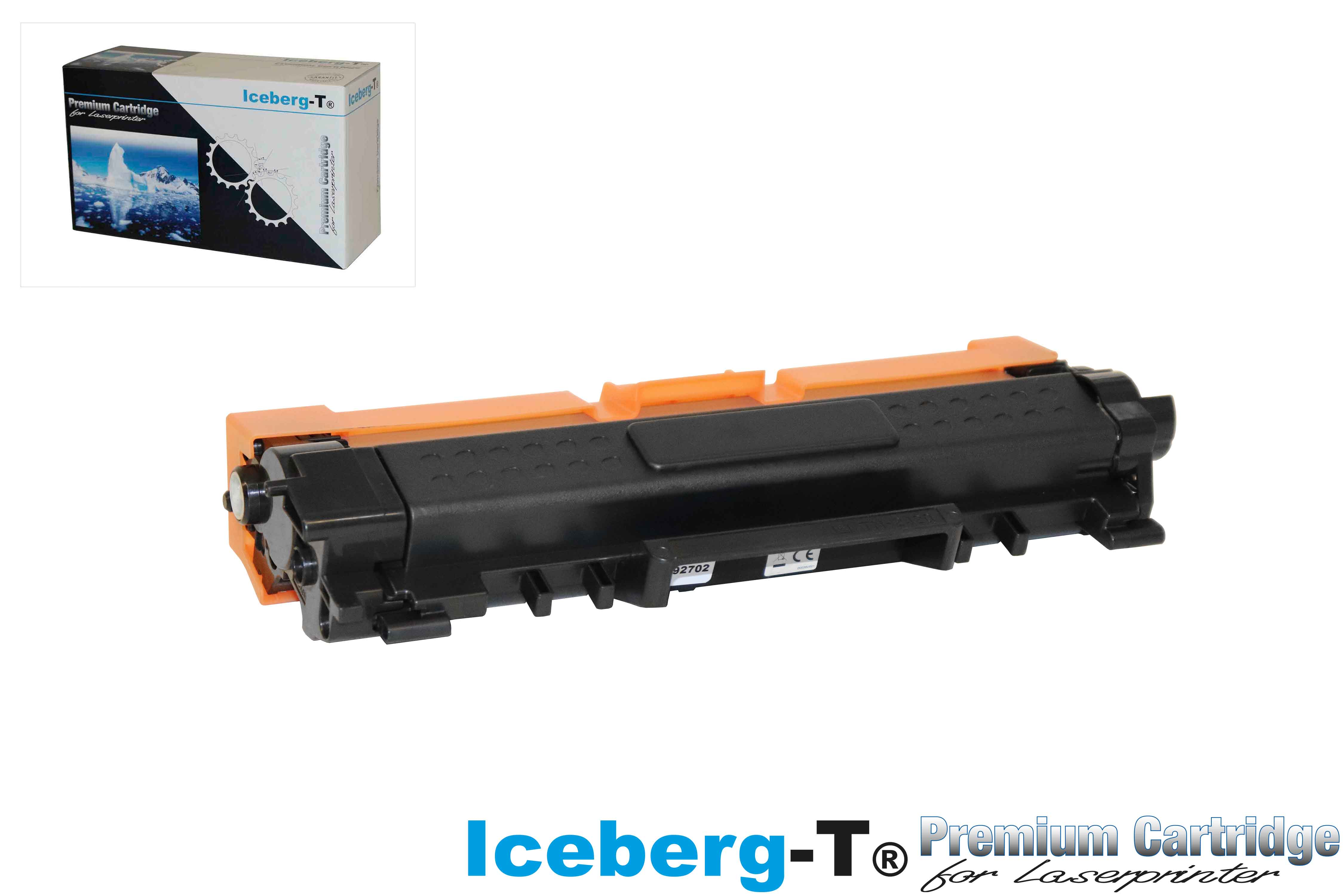 Ein schwarzer und oranger Toner für Laserdrucker mit Iceberg-T Logo.