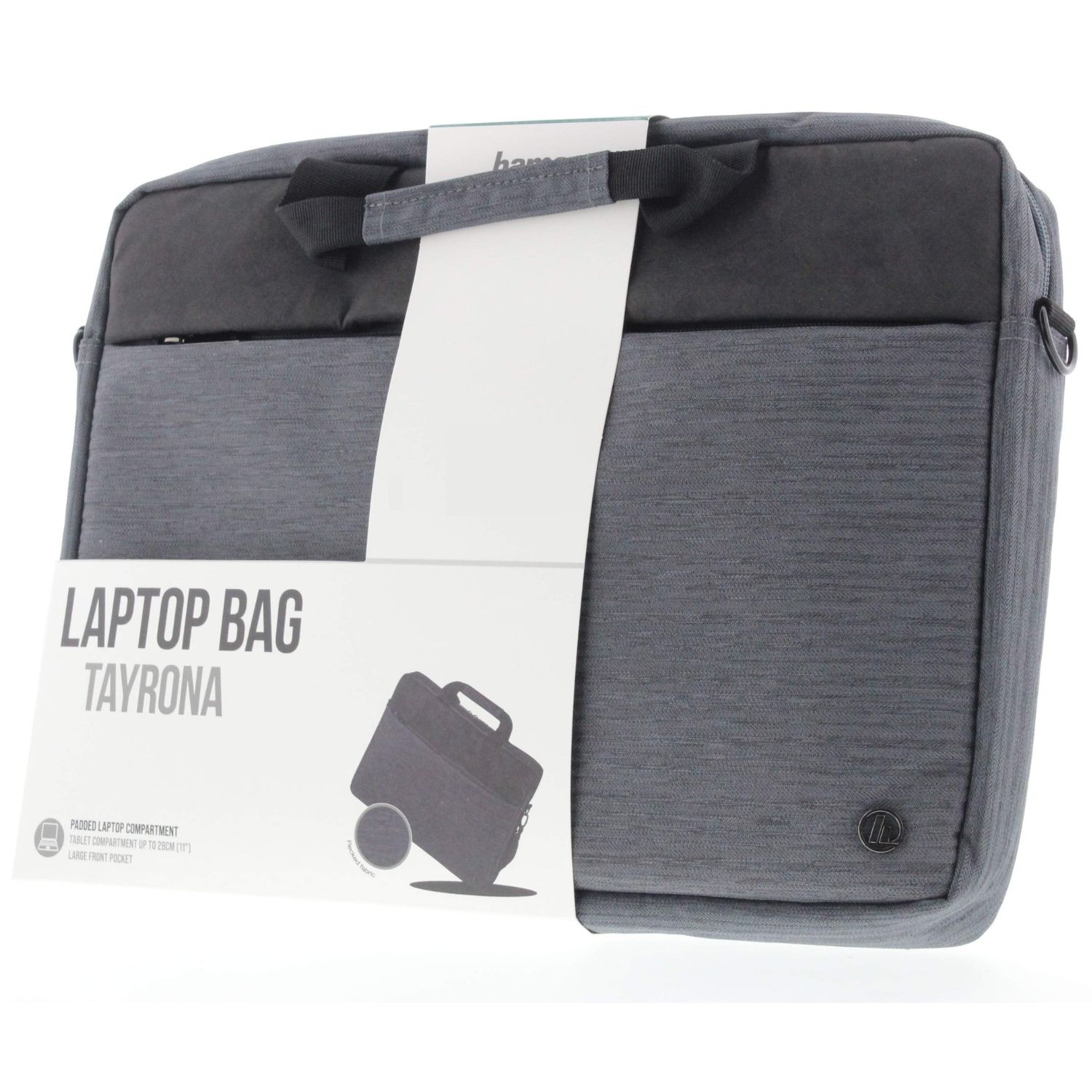 Szara torba na laptop z rączką i paskiem, napis "TAYRONA".
