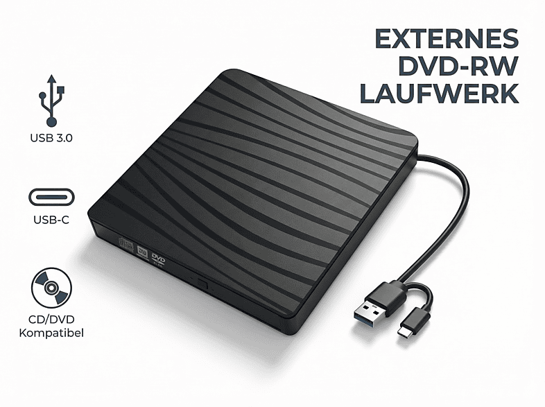 SUZAKUIN Extern DVD-RW USB 3.0 & Typ-C extern CD/DVD Brenner