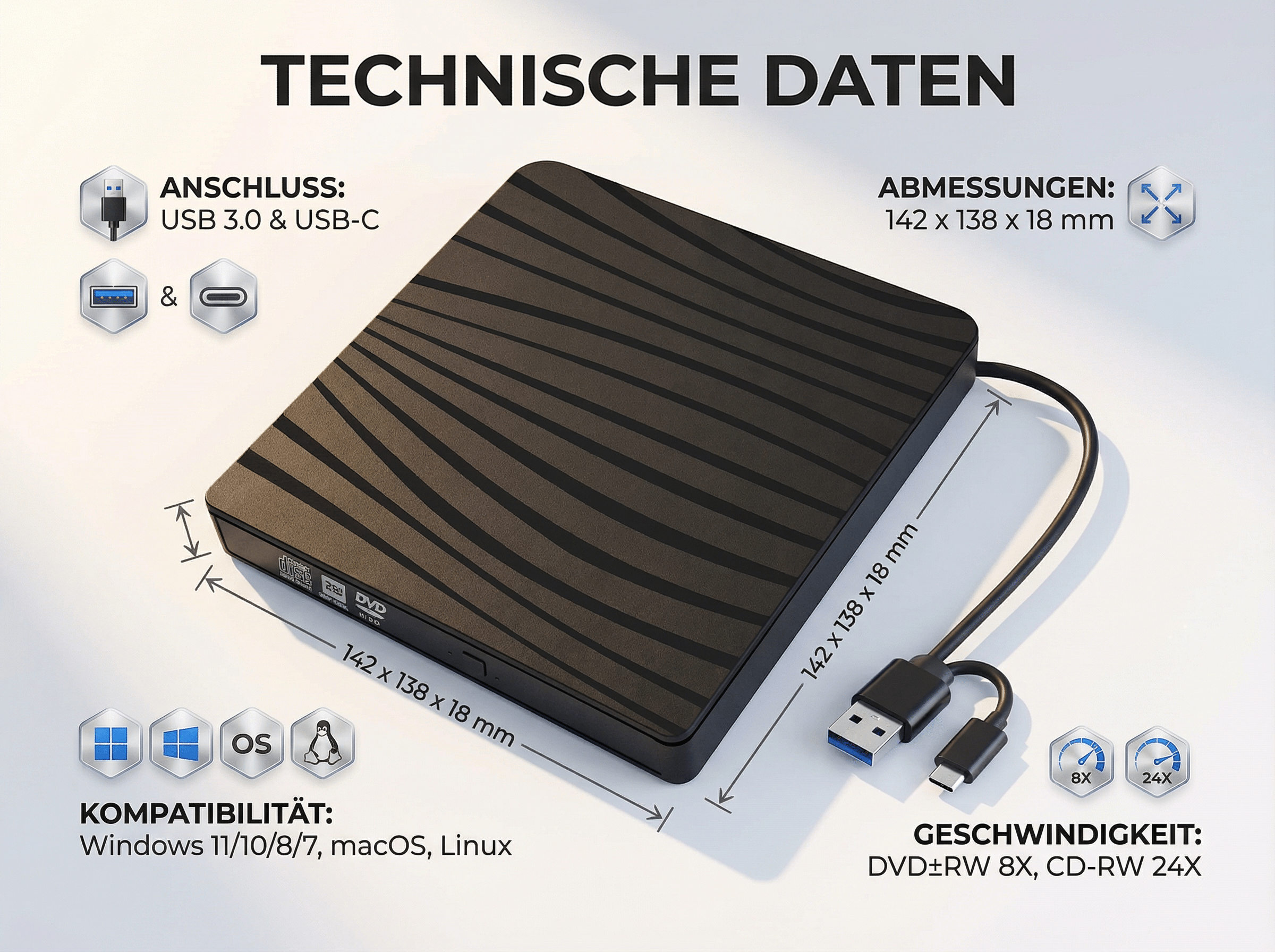 Schwarzer externer DVD-Brenner mit USB-C und USB 3.0 Anschluss. Maße 142x138x18mm.