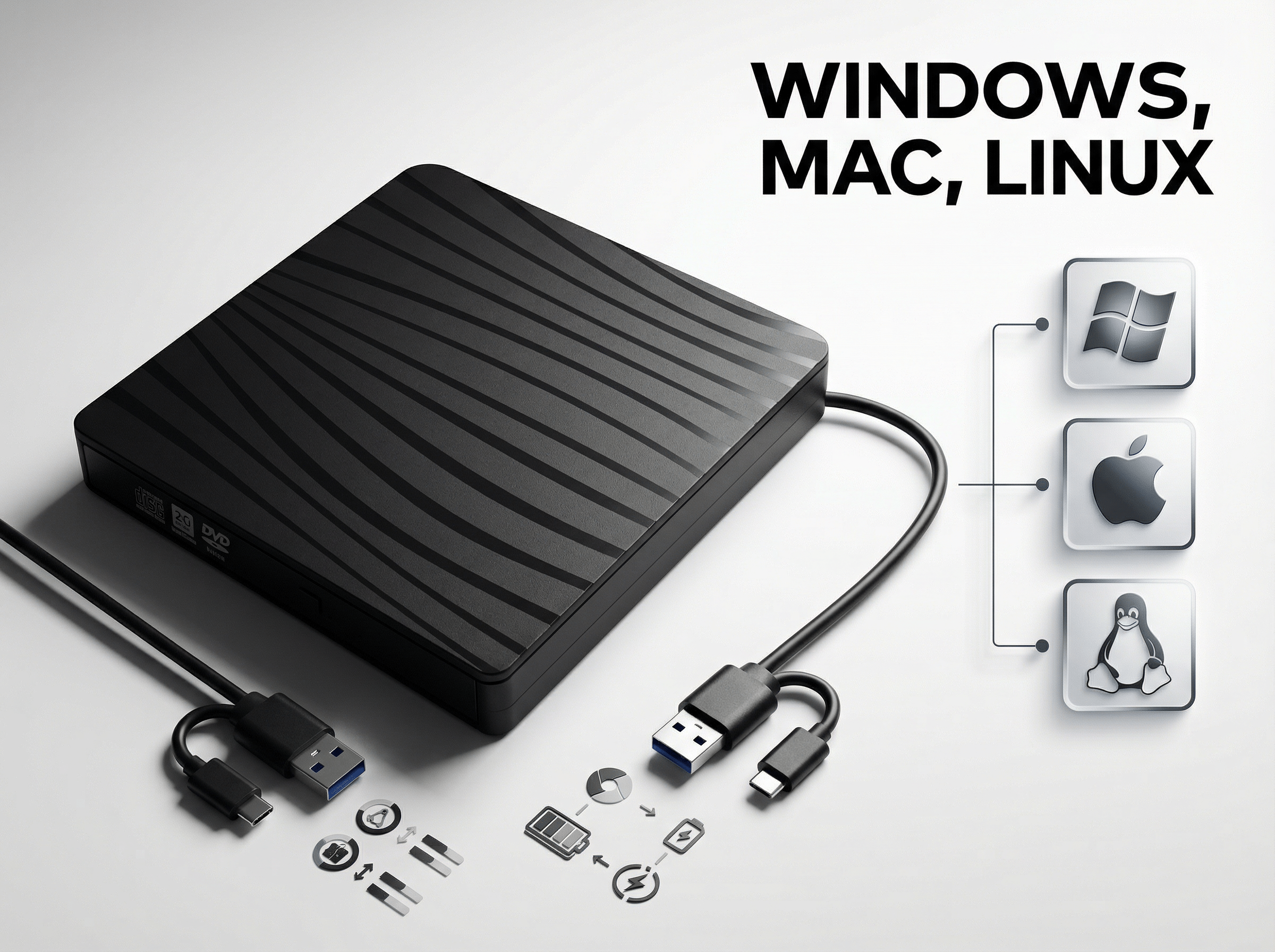 Schwarzer externer DVD-Brenner mit USB-C- und USB-A-Kabeln, kompatibel mit Windows, Mac und Linux.