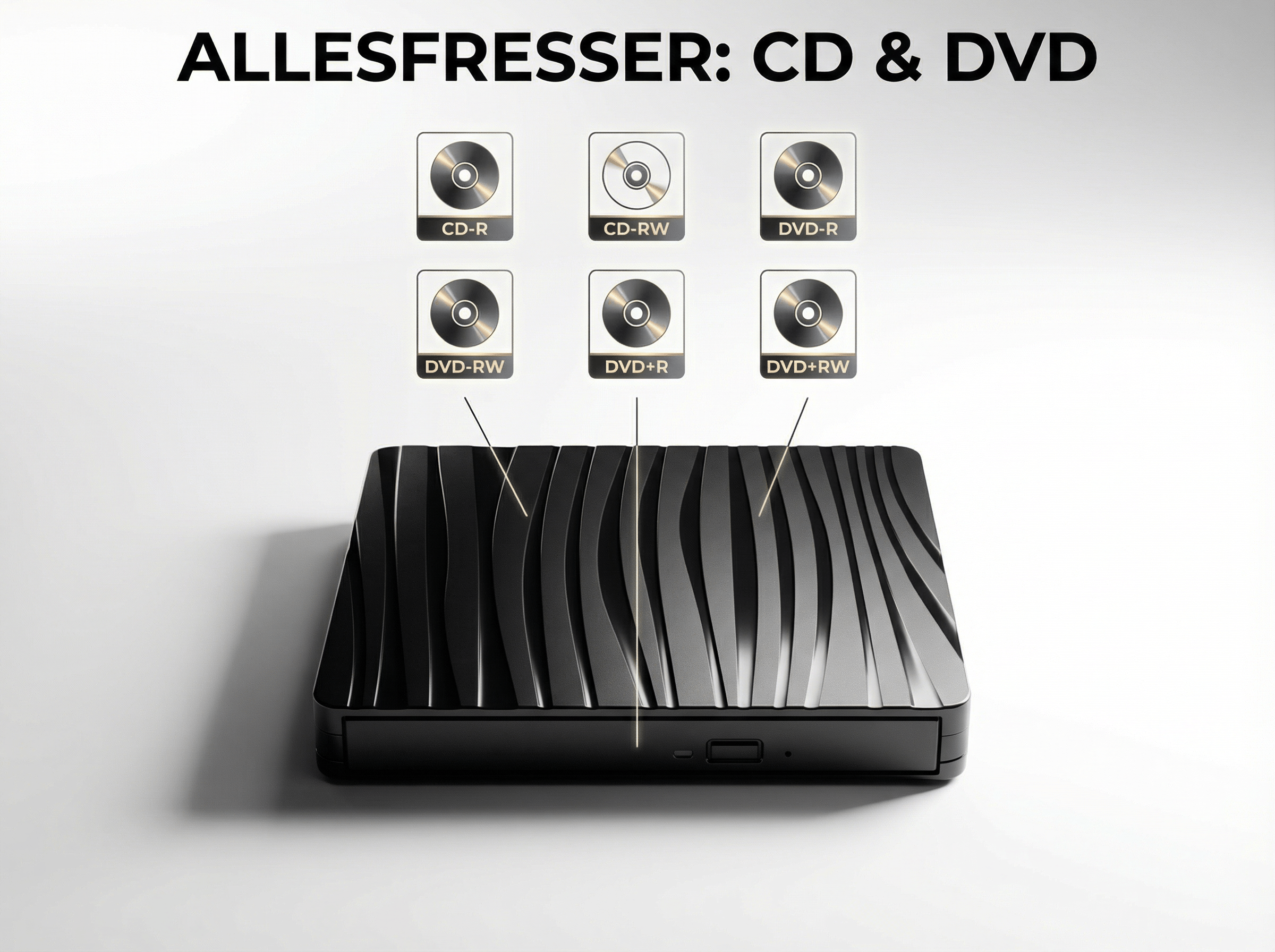 Ein schwarzes Laufwerk mit Symbolen für CD-R, CD-RW, DVD-R, DVD-RW, DVD+R, DVD+RW.
