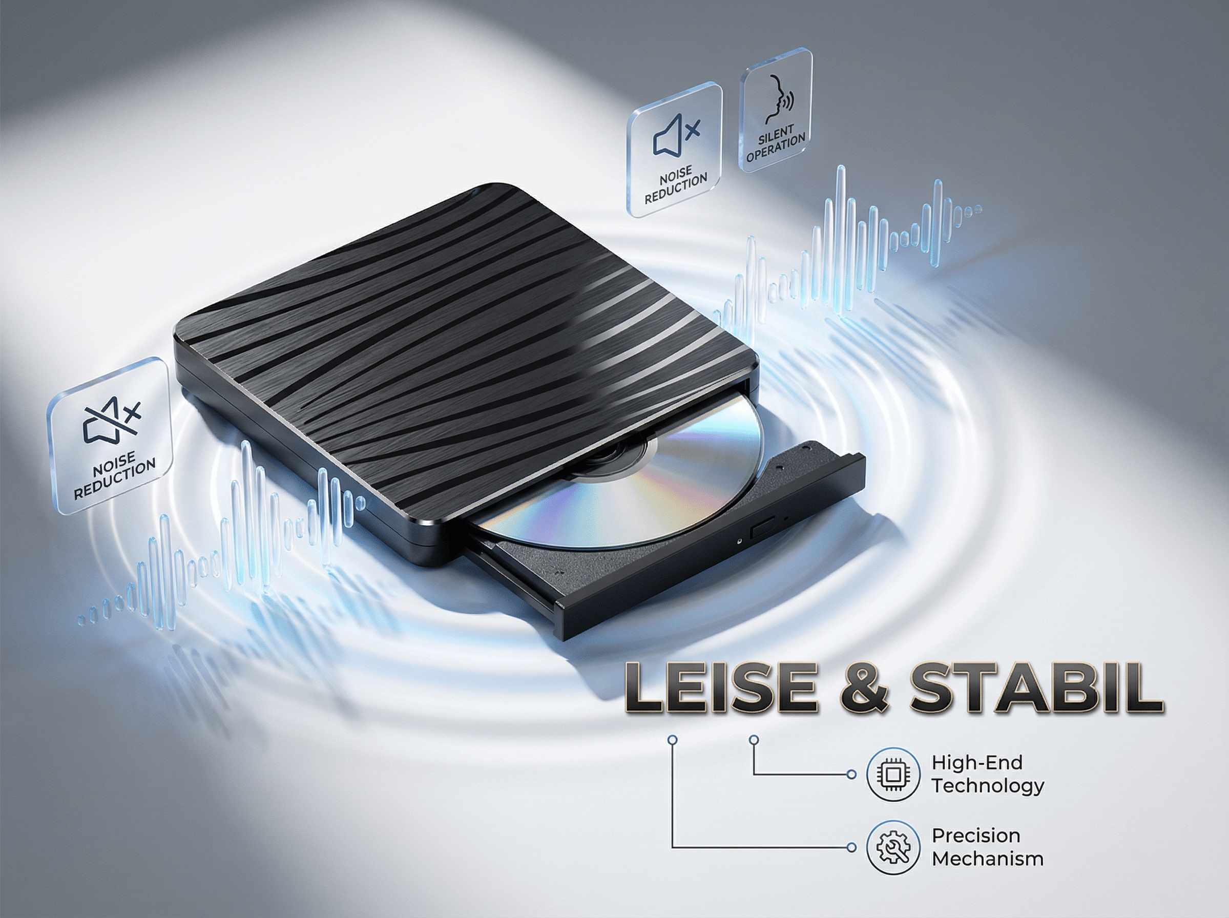 Schwarzer CD-Player mit eingelegter CD. Symbolisiert Geräuschreduzierung & leisen Betrieb.