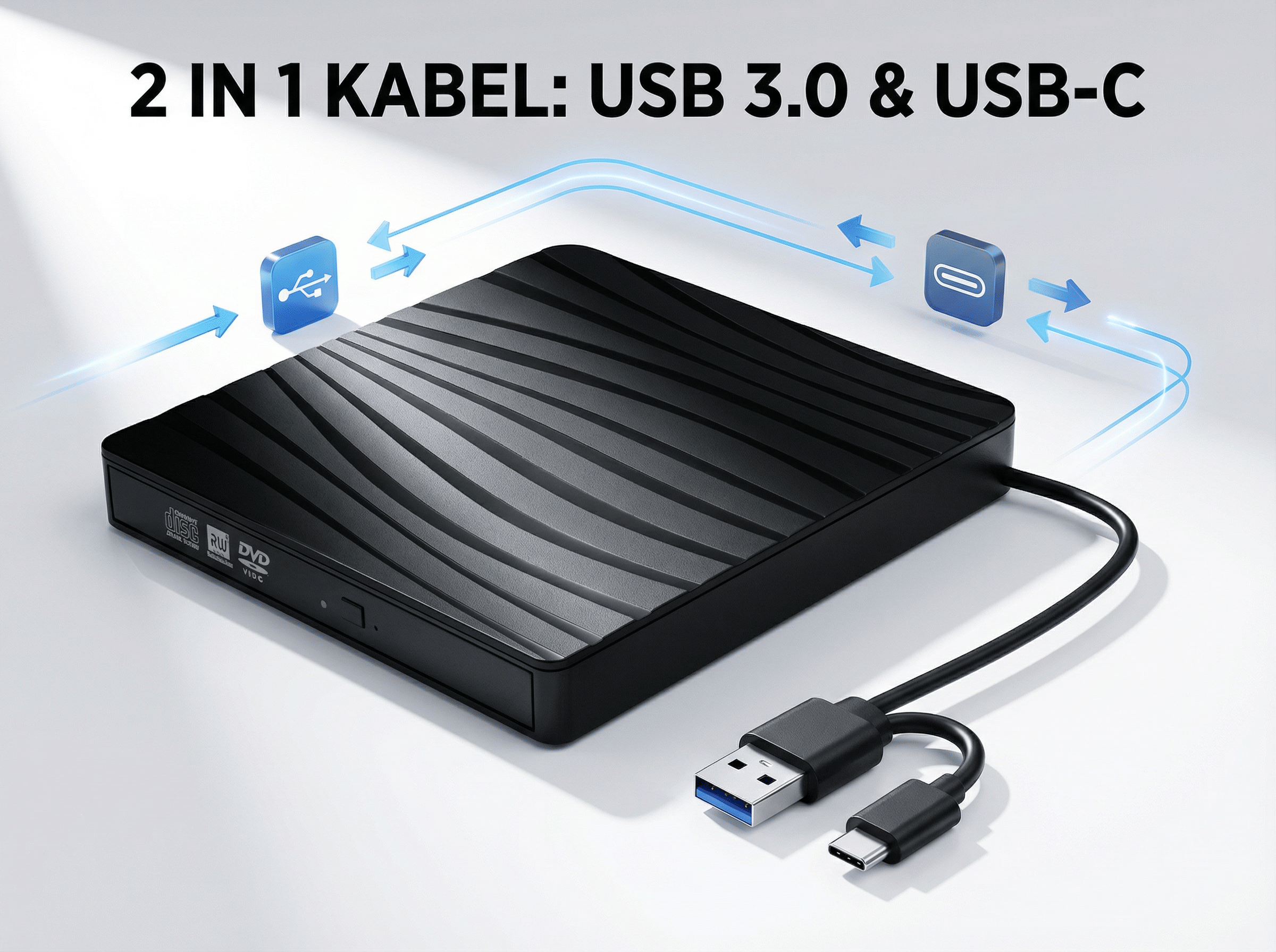 Schwarzer externer DVD-Brenner mit USB-A- und USB-C-Kabeln.