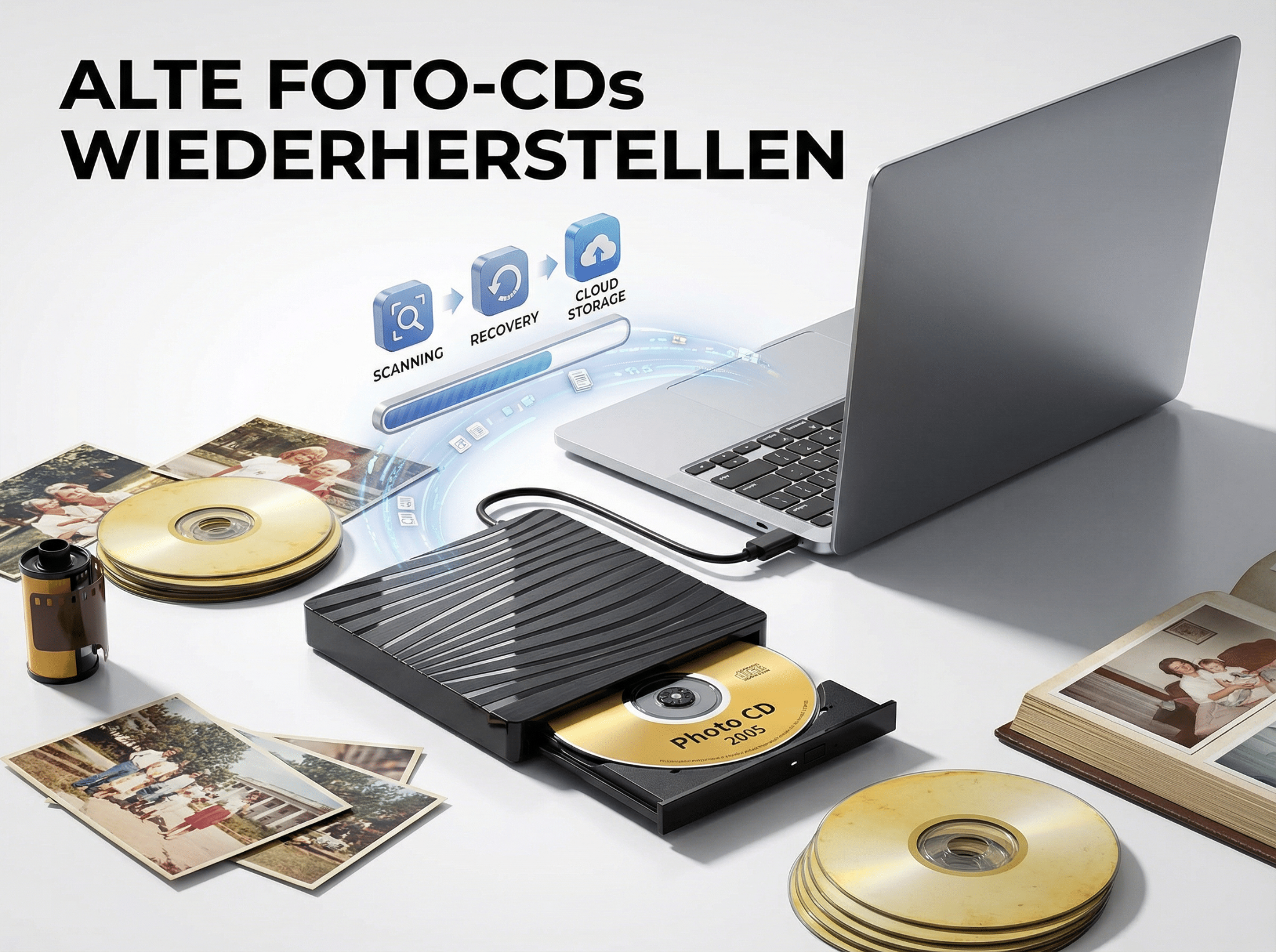 CD-ROM-Laufwerk mit Laptop, Fotos, Filmrolle und CDs.