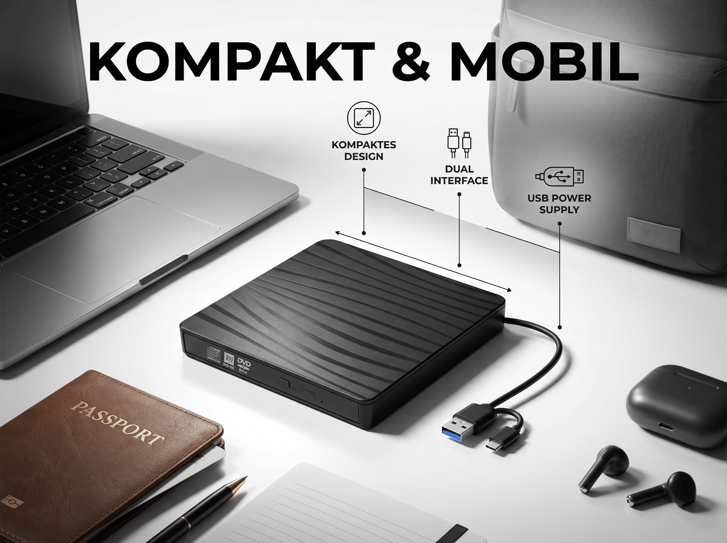 Ein Laptop, eine externe DVD/CD-RW-Einheit, ein Reisepass, Notizbuch und Ohrhörer.