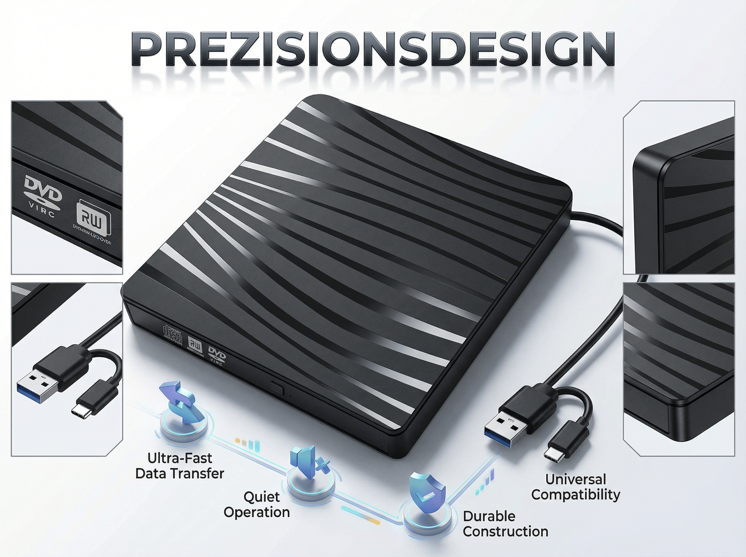 Schwarzer externer DVD-RW-USB-C- und USB-A-Anschluss.