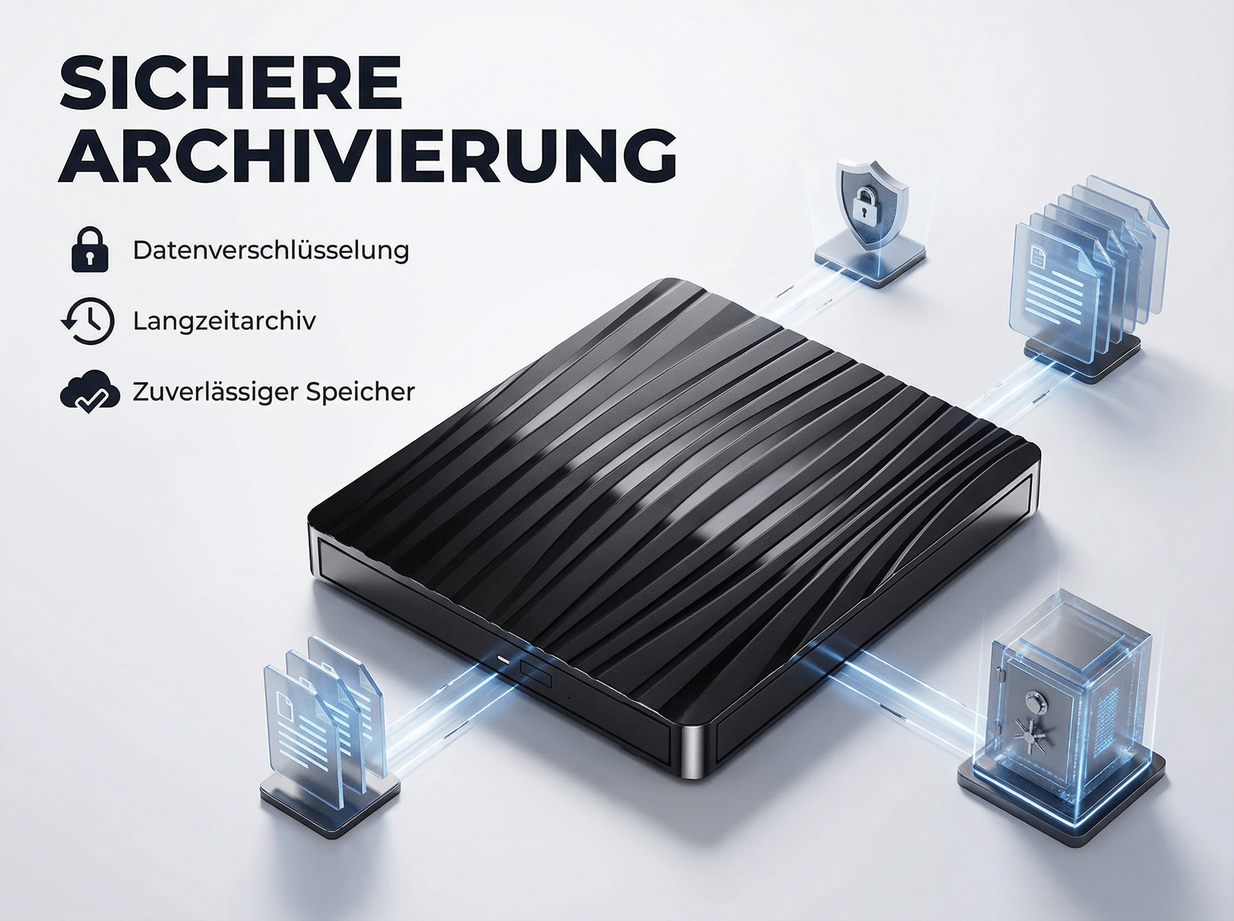 Schwarze Festplatte mit Symbolen für Sicherheit, Archivierung und Speicher.