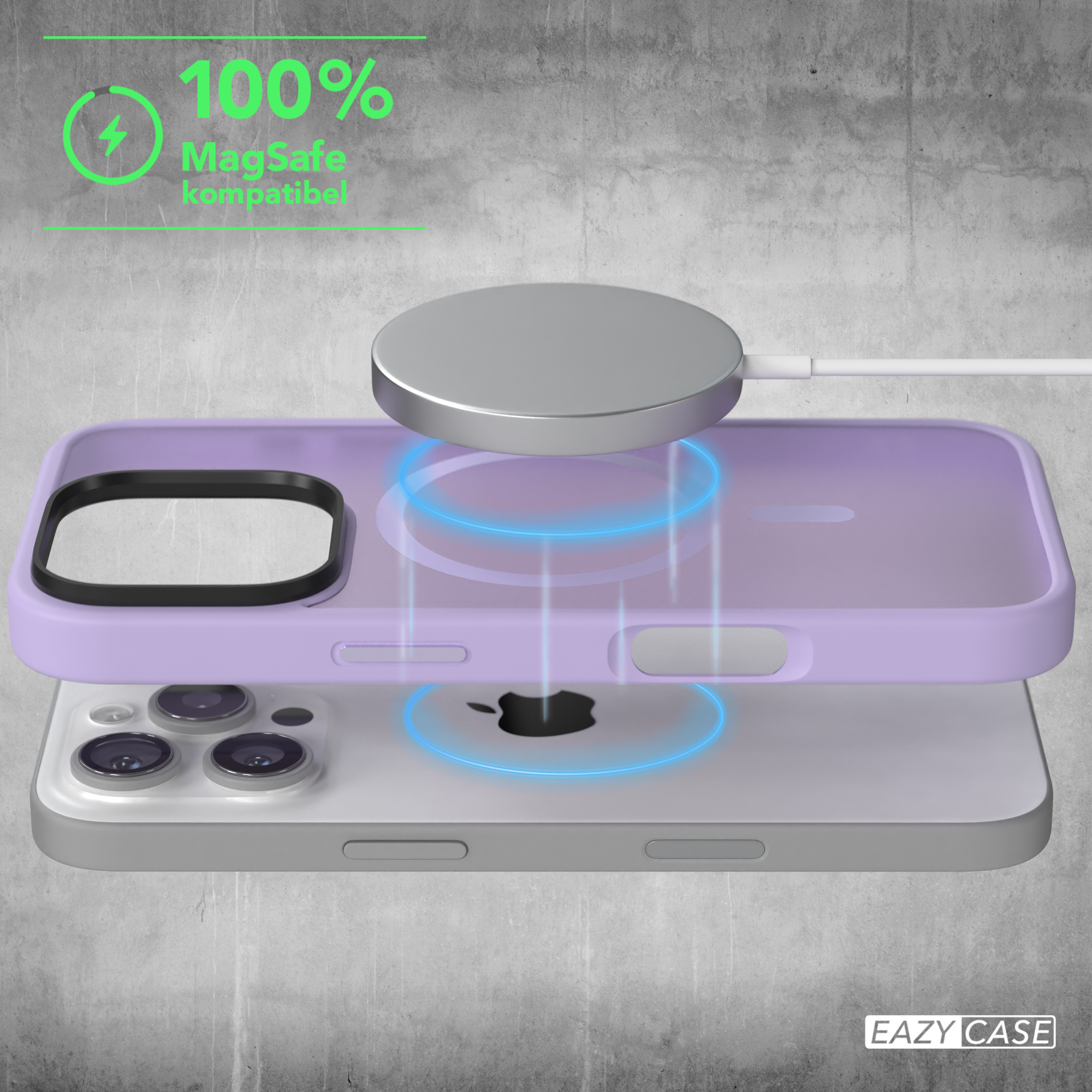 Ein lilafarbenes iPhone-Case über einem iPhone mit MagSafe-Ladegerät.