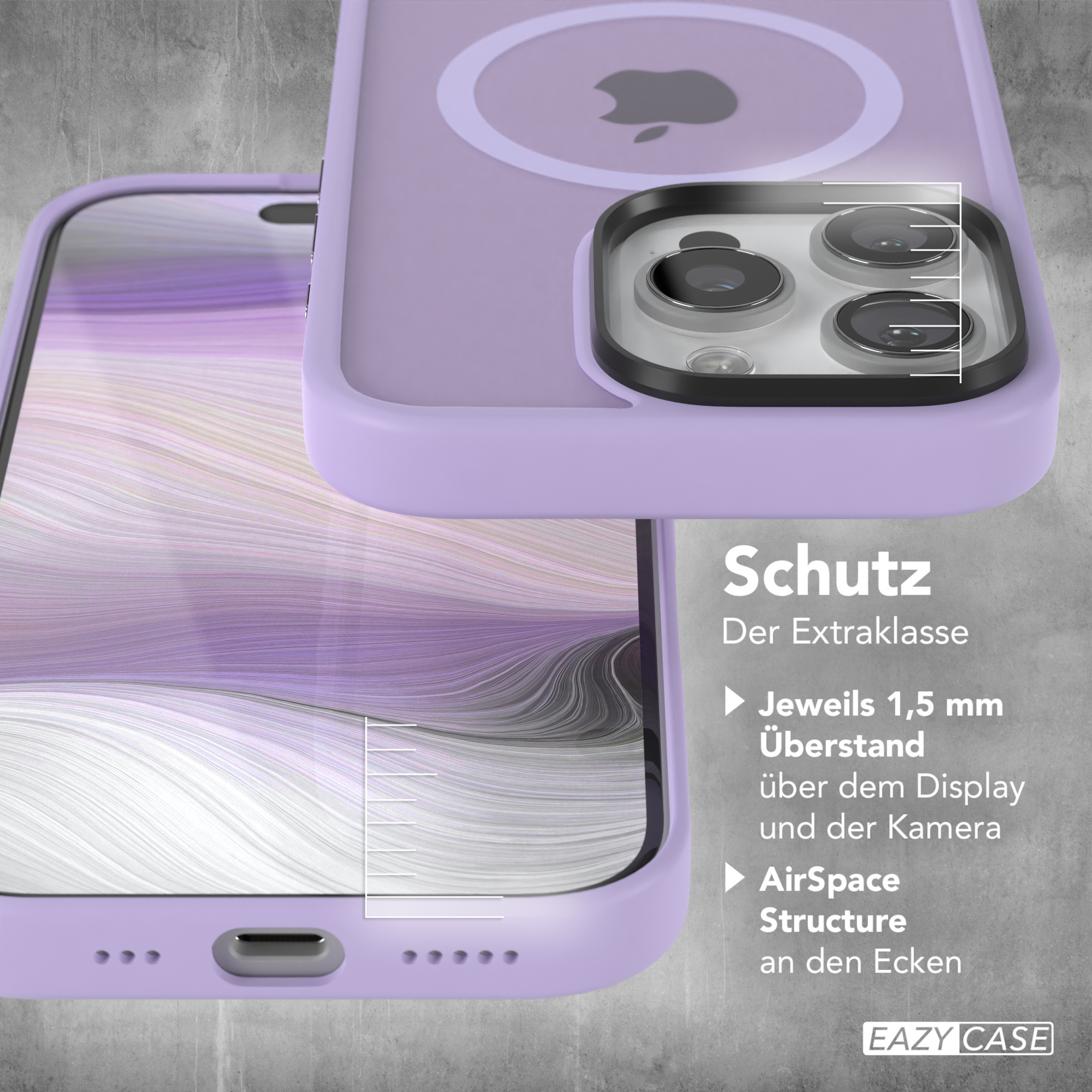 Lila iPhone-Hülle mit Kamerainspektion und Text über Schutzfunktionen.