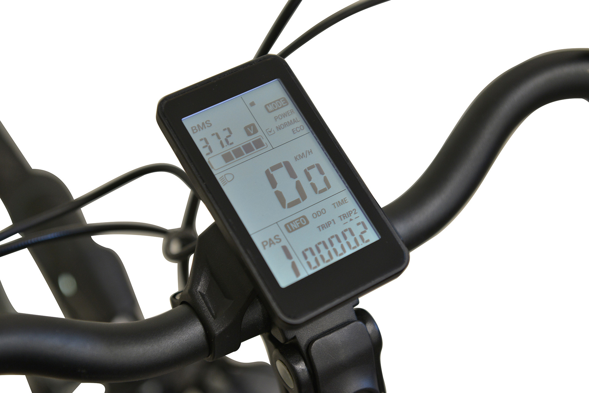 Wyświetlacz roweru elektrycznego pokazuje 37,2 V, 00 km/h, 0000,2 km i różne tryby.