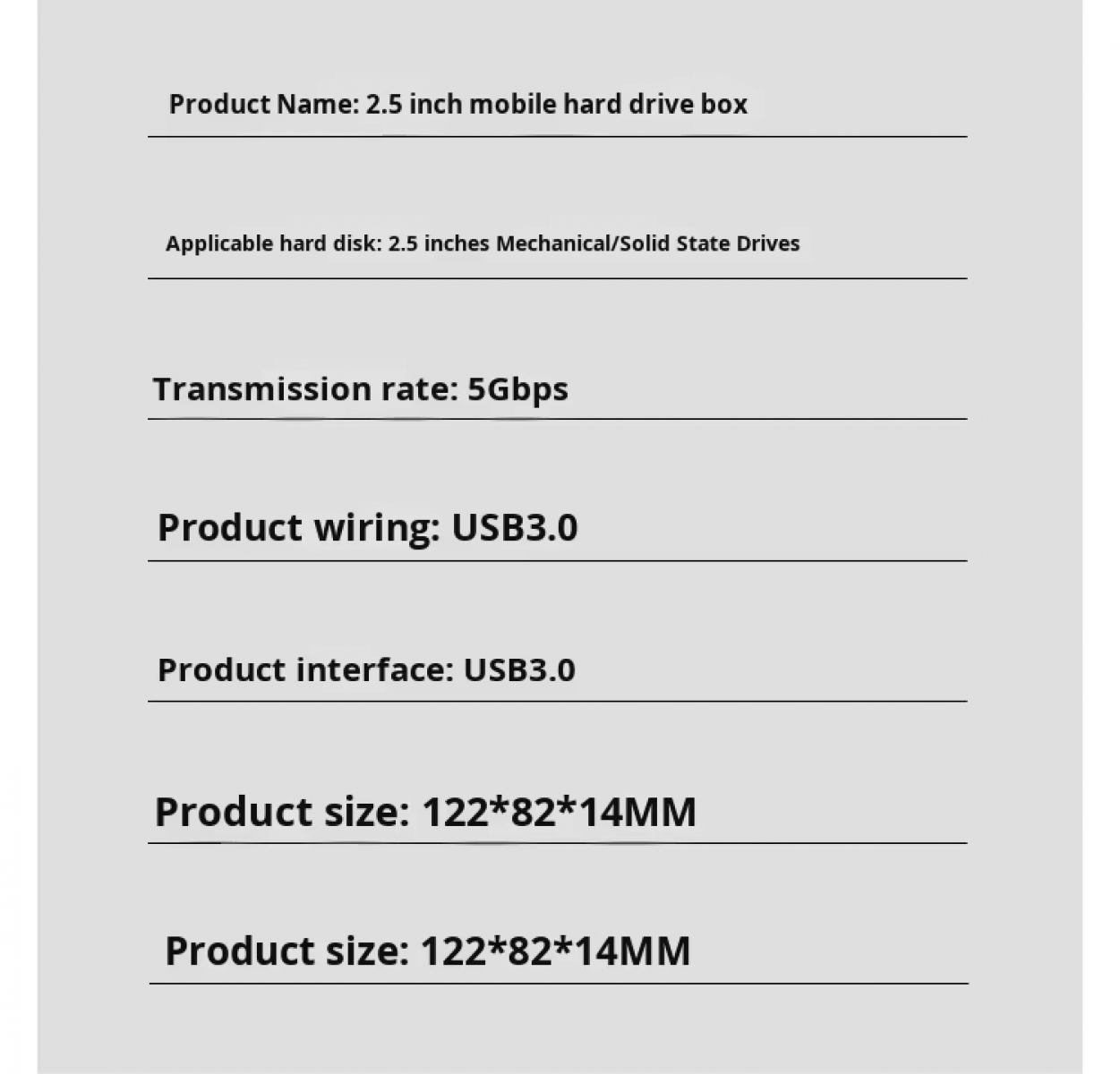 Produktspezifikationen: 2,5-Zoll-Festplattengehäuse, USB 3.0, 5 Gbit/s, 122x82x14mm.
