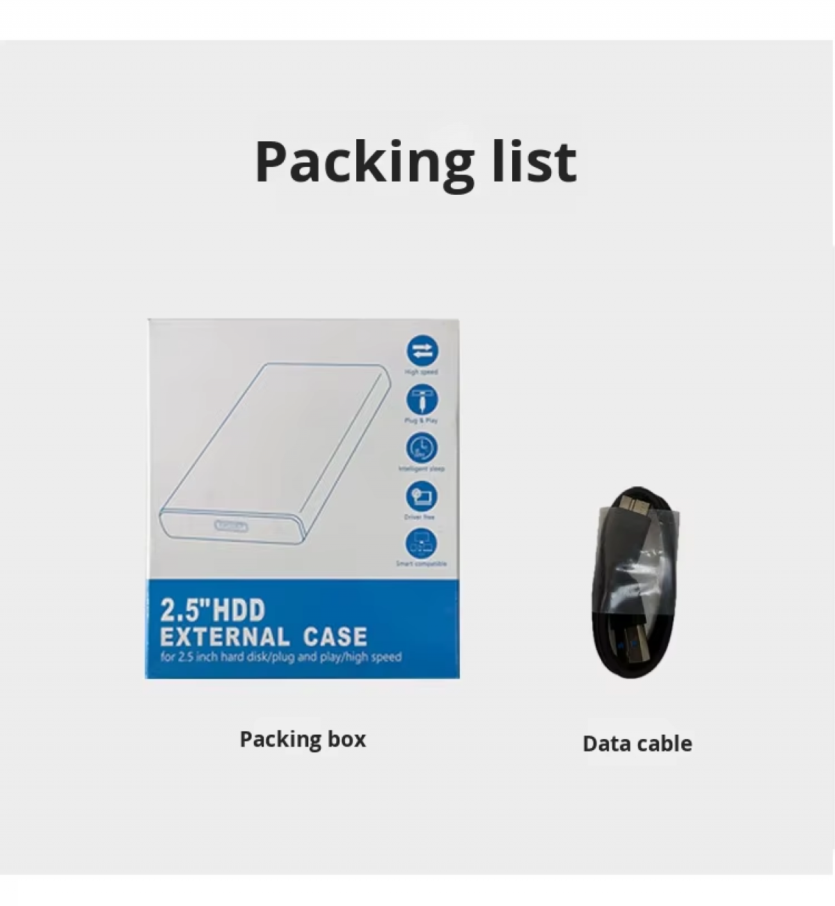 Verpackungsliste: 2,5-Zoll-HDD-Gehäuse mit Kabel.