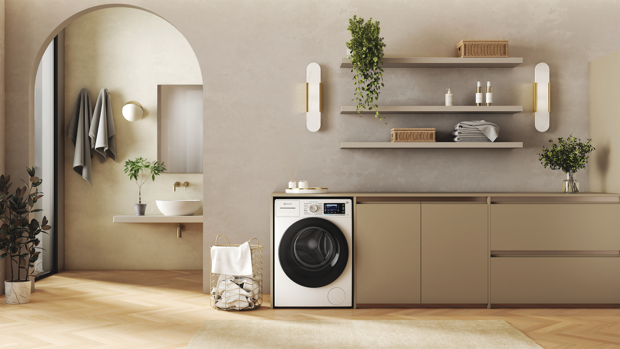 Ein Badezimmer mit Waschmaschine, Waschbecken und Pflanzen.