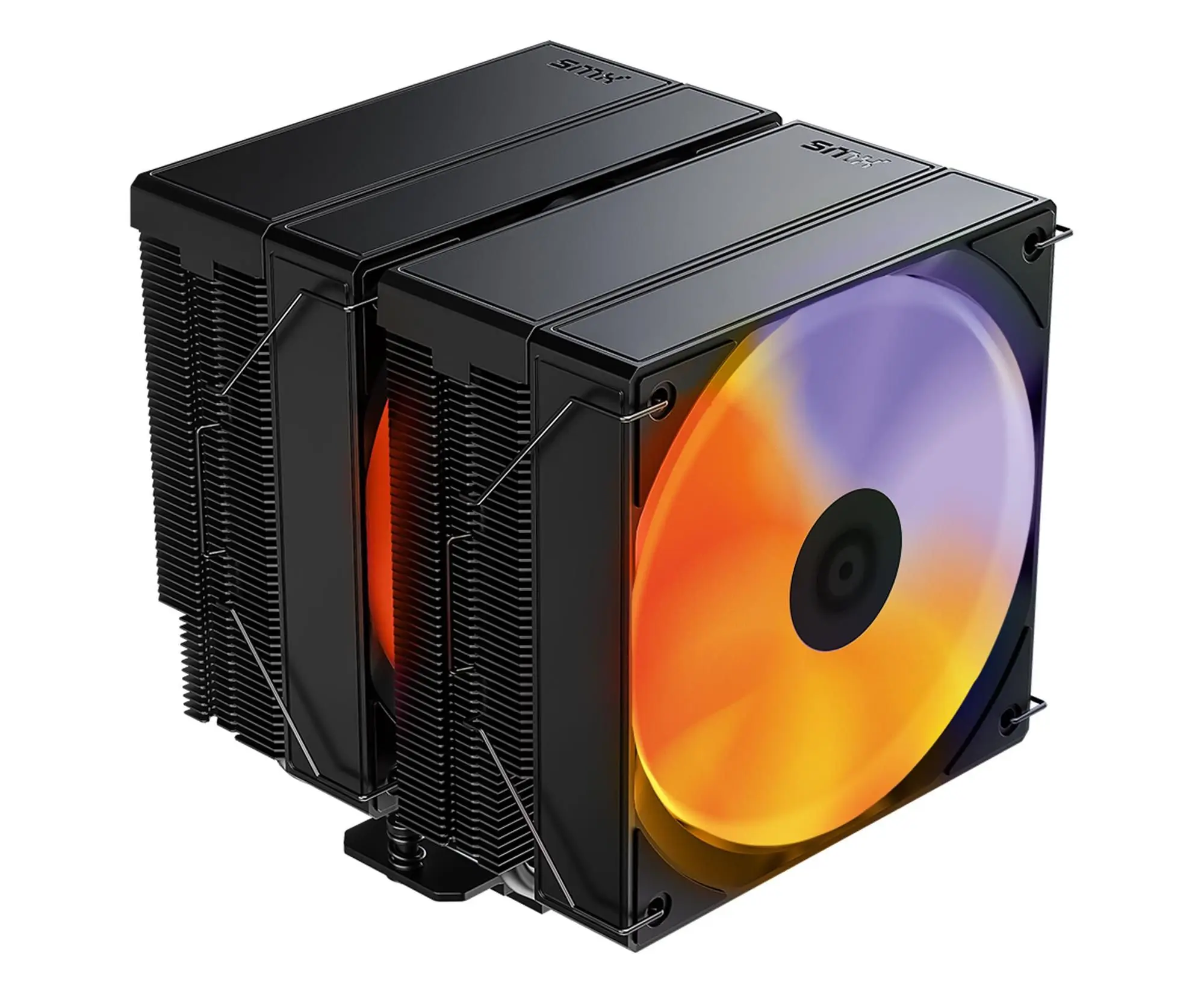 Schwarzer CPU-Kühler mit zwei Kühlkörpern und RGB-Lüfter.