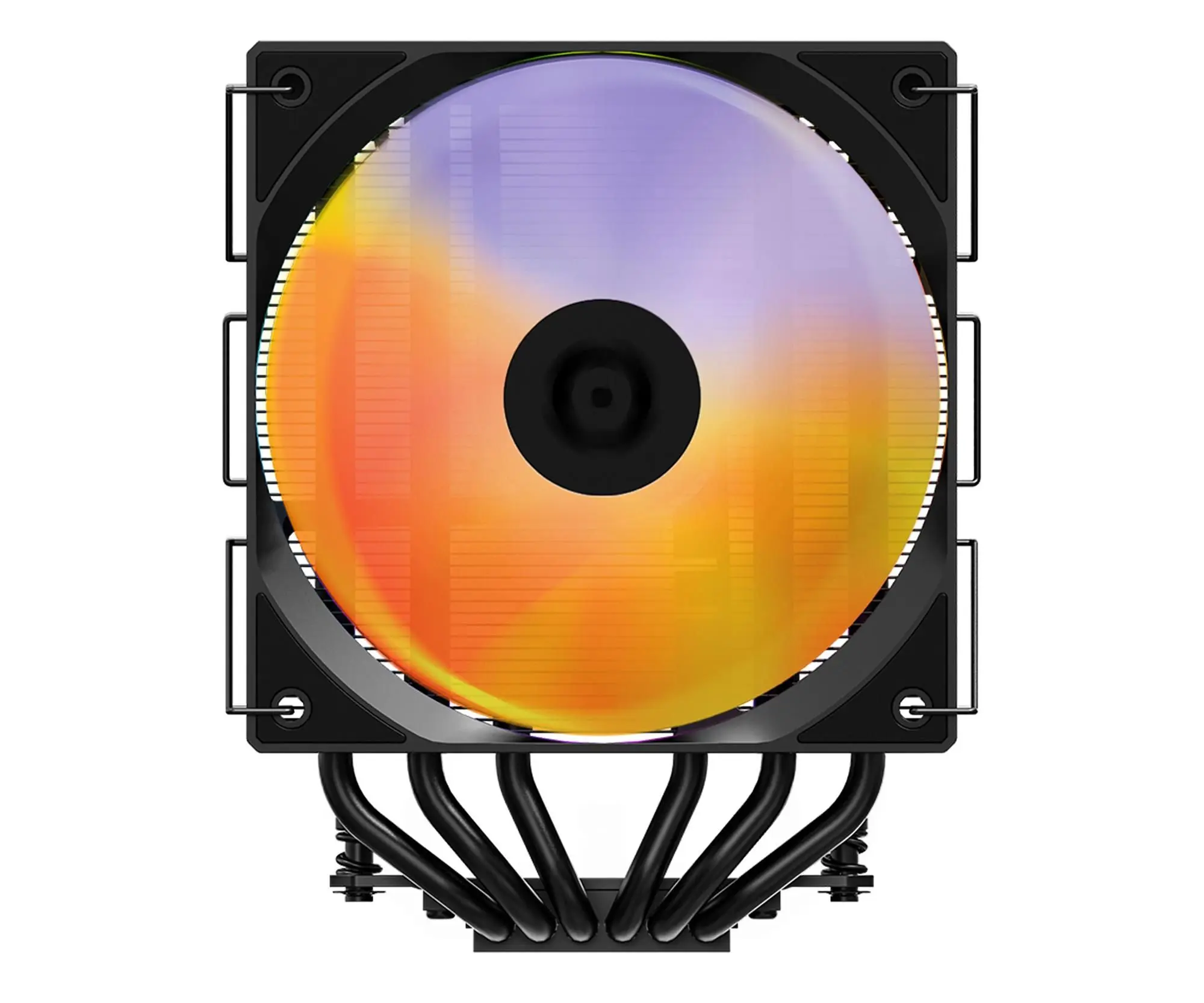 Schwarzer CPU-Kühler mit bunt beleuchtetem Lüfter und Wärmerohren.