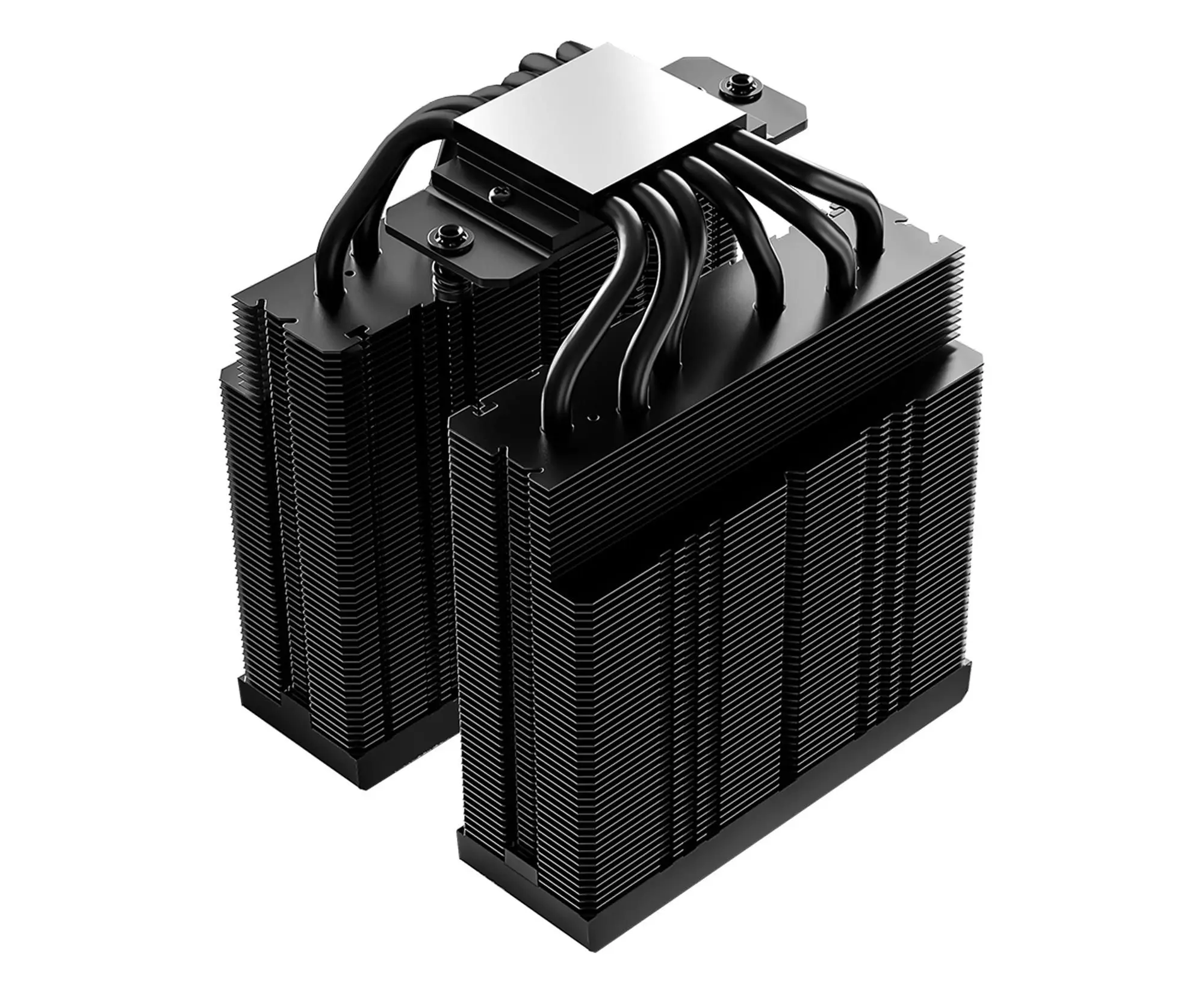 Schwarzer CPU-Kühler mit zwei Kühlkörpern und Kupfer-Heatpipes auf weißem Hintergrund.