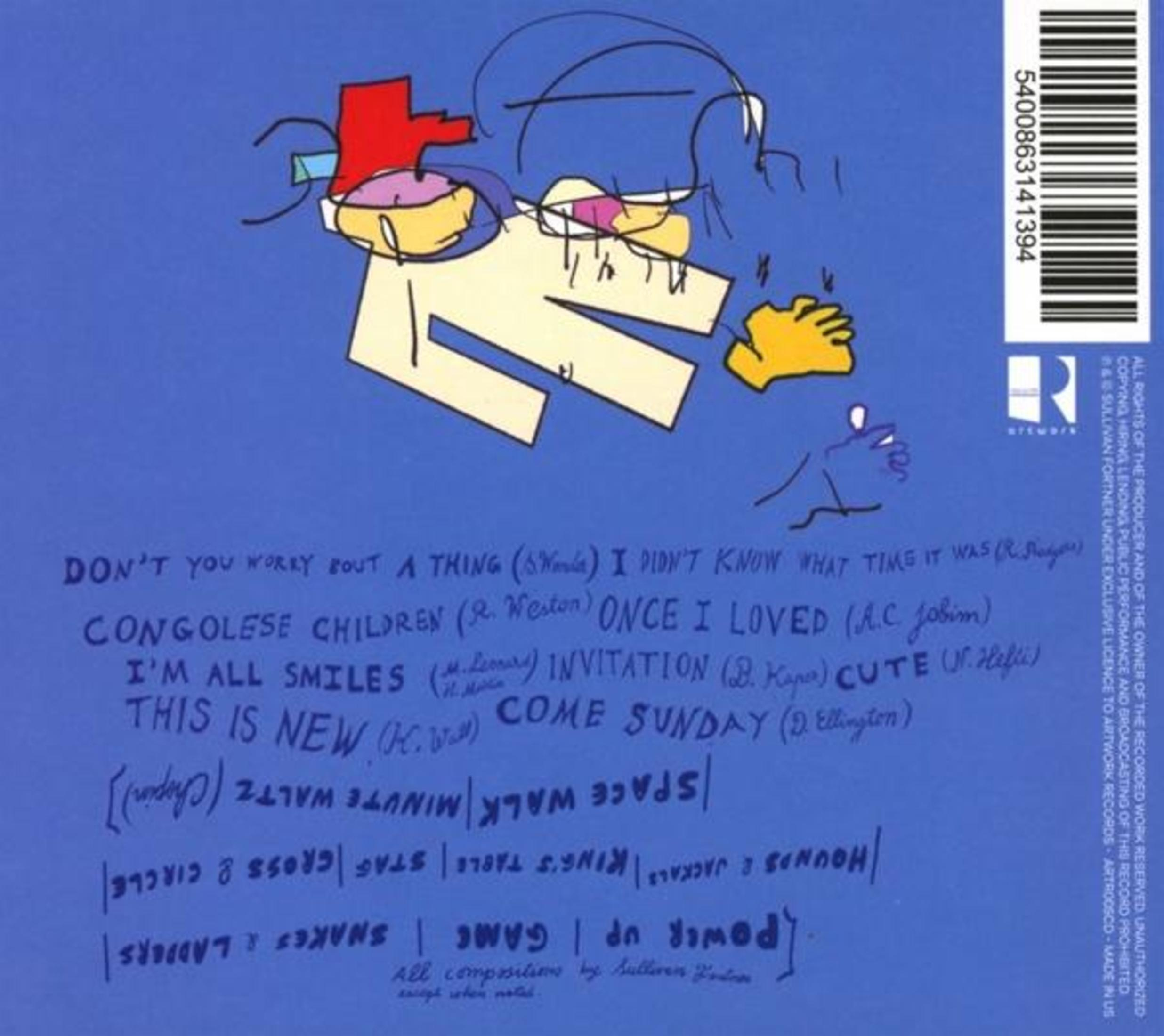 Disegno astratto su sfondo blu con titoli di canzoni e un codice a barre.