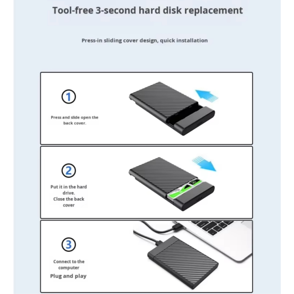 Schwarzes Festplattengehäuse wird geöffnet, HDD eingesetzt & an Laptop angeschlossen.