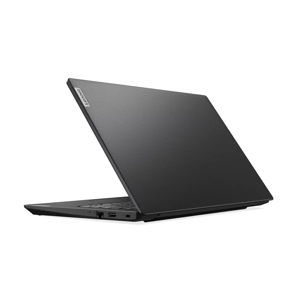 Doku kapaklı siyah bir Lenovo dizüstü bilgisayar beyaz arka plan üzerinde gösteriliyor.