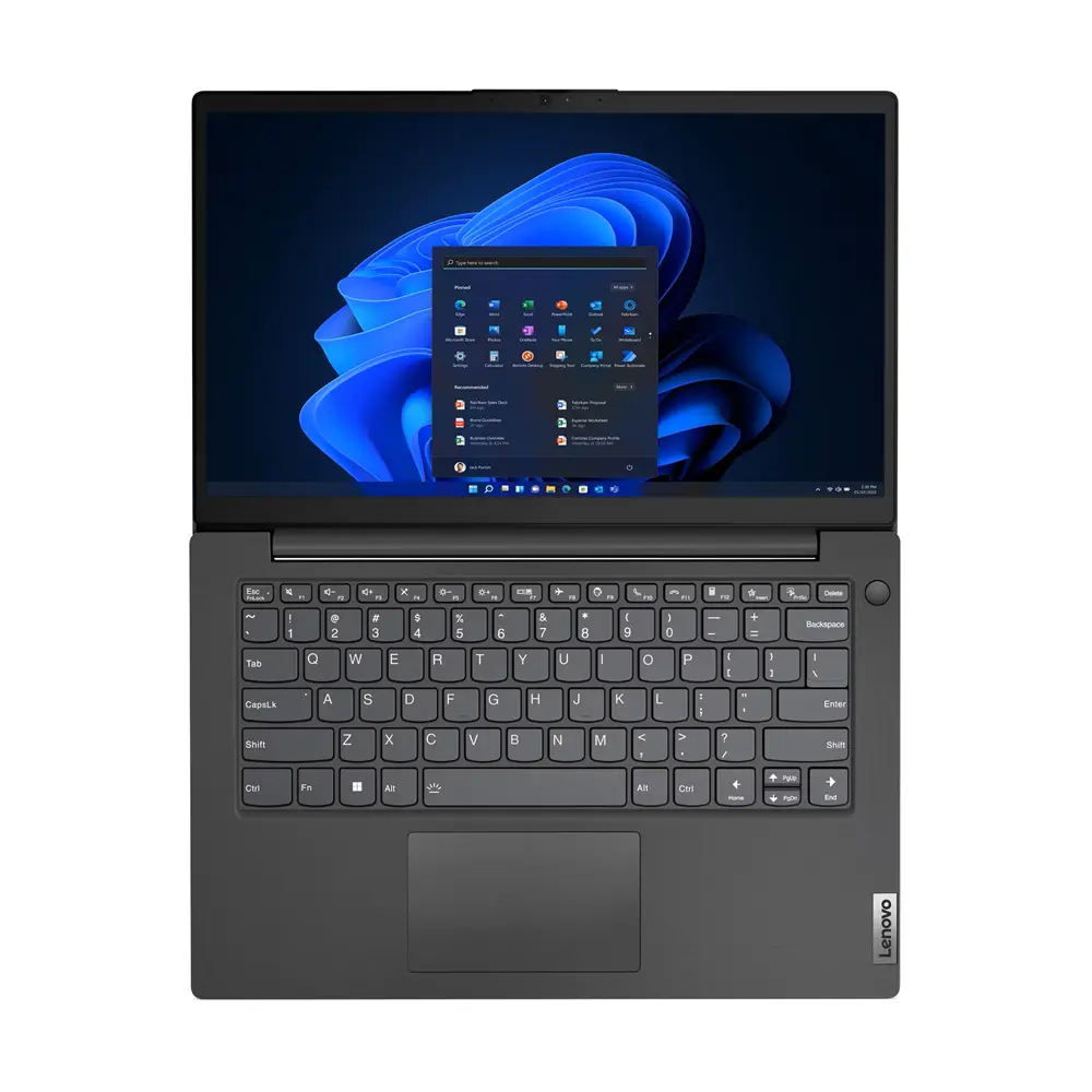 Ekranında mavi duvar kağıdı olan açık gri Lenovo dizüstü bilgisayar.