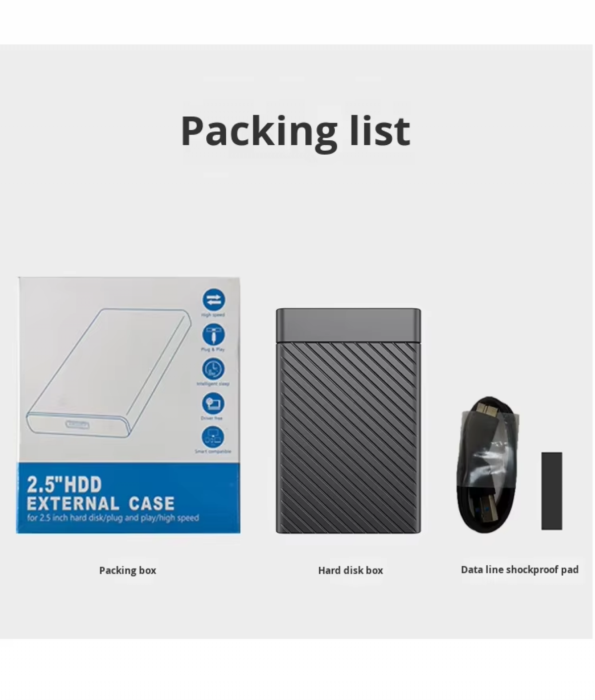 Packliste: Verpackungsbox, Festplattenbox, Datenkabel, Stoßschutzpad.