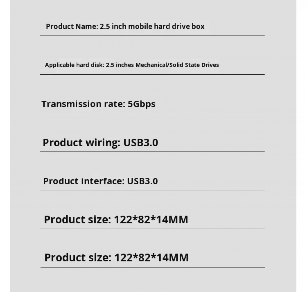 Produktdetails: 2,5-Zoll-Festplattengehäuse, USB3.0, 5 Gbps, 122x82x14MM.