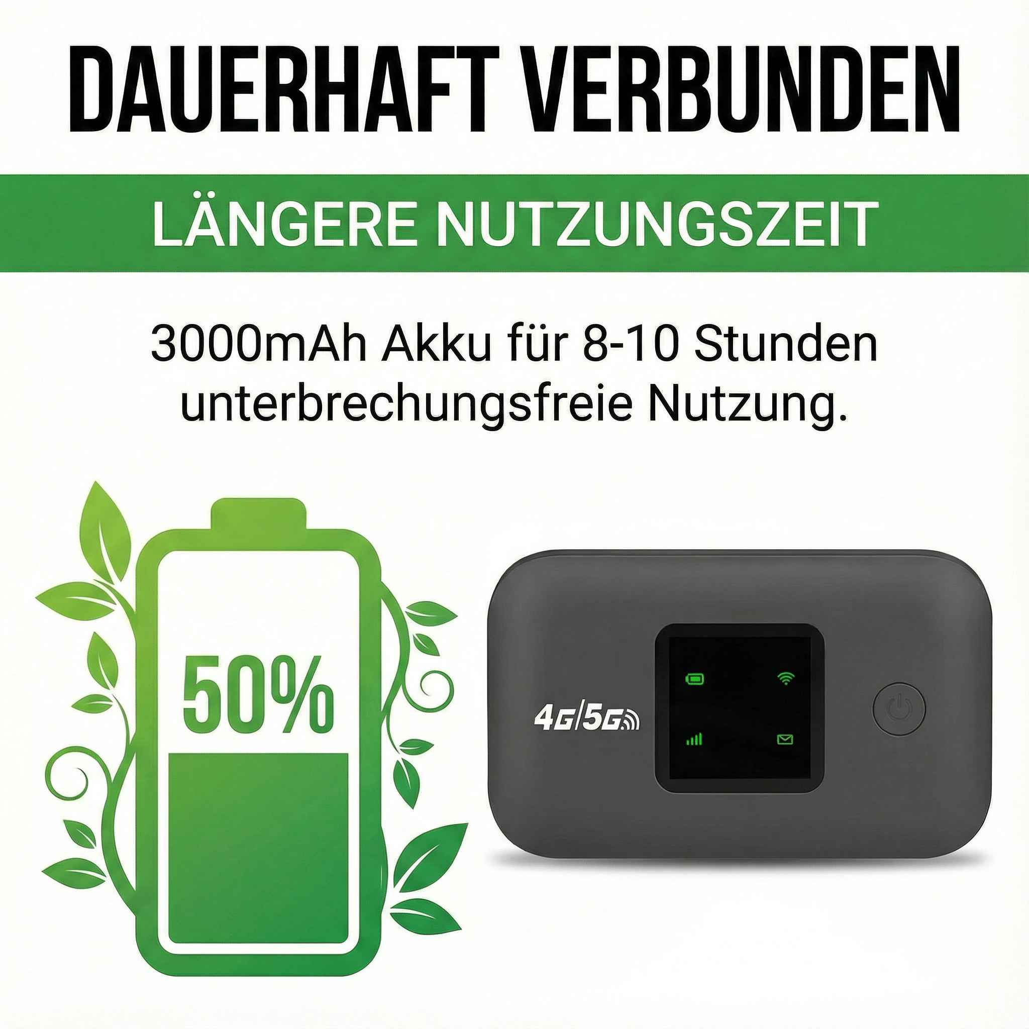 Ein 4G/5G-Gerät mit 3000mAh Akku, 50% geladen, für lange Nutzungsdauer.