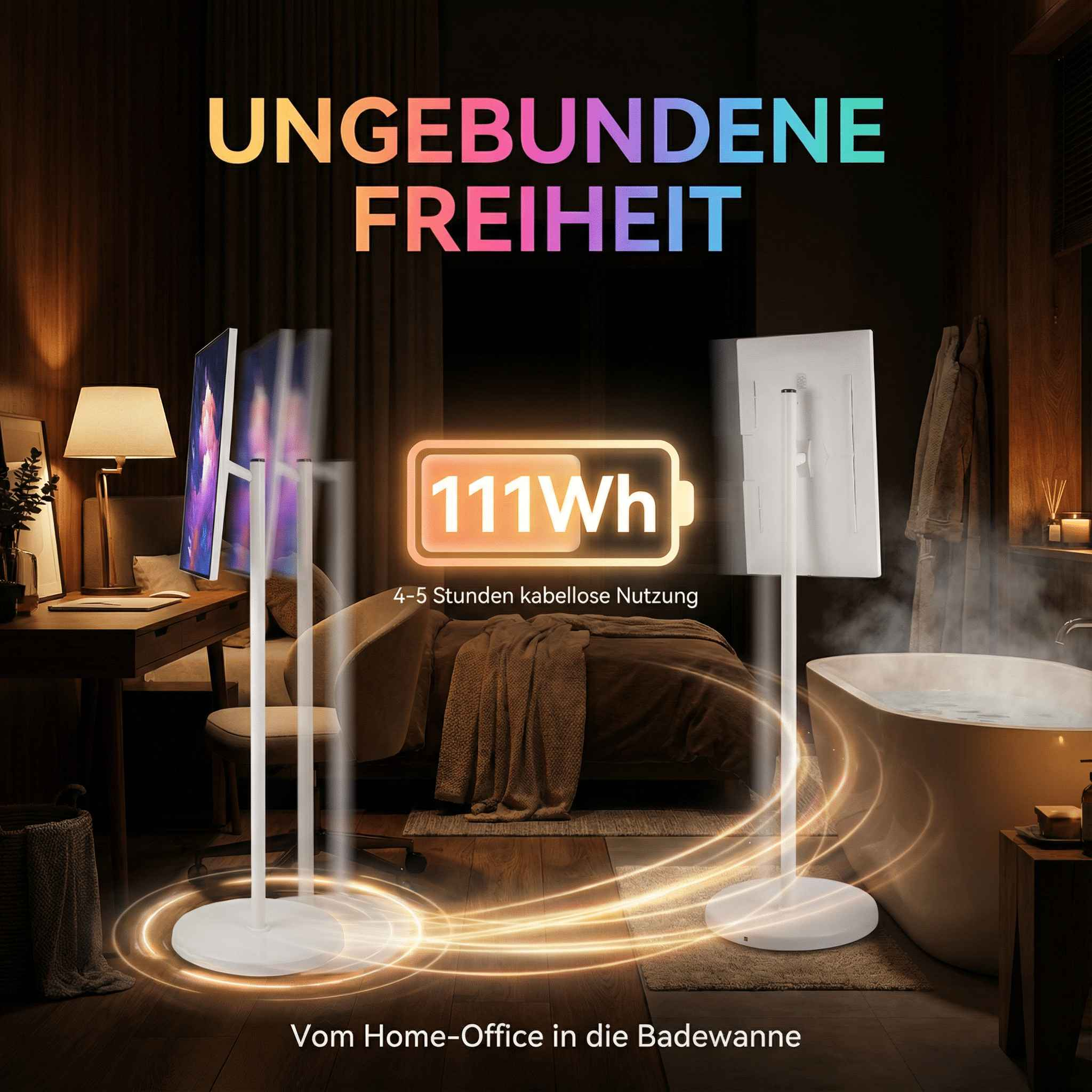 Ein tragbarer Monitor steht in einem modernen Badezimmer neben einer Badewanne.