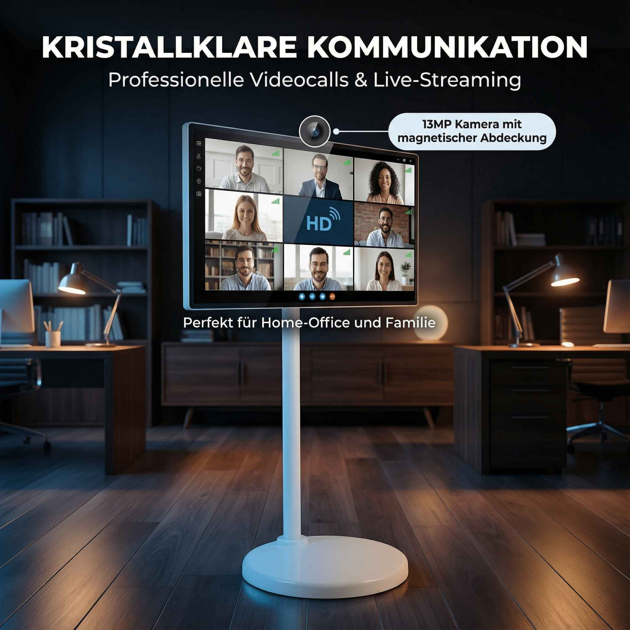 Ein Bildschirm zeigt sechs Personen in einem Videocall. Ein Text wirbt für Kommunikation.