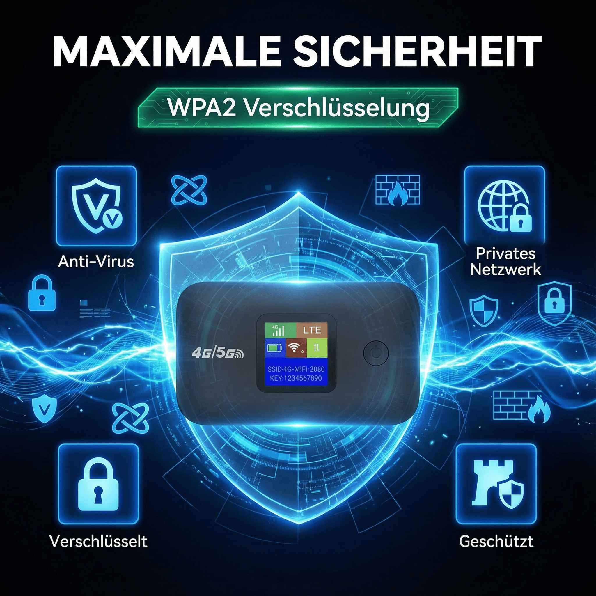 4G/5G MIFI Router mit WPA2-Verschlüsselung, Anti-Virus und Netzwerkschutz.