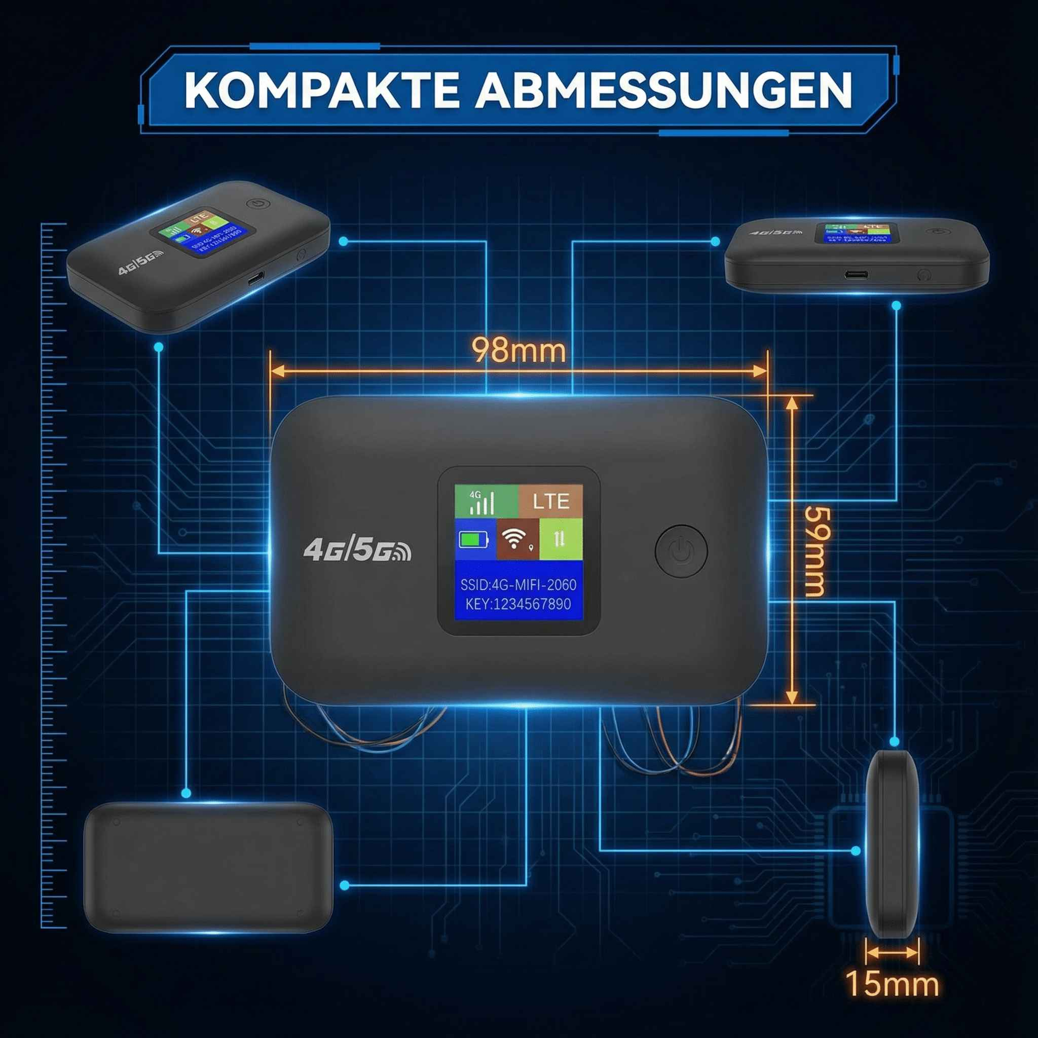 Schwarzer 4G/5G Mifi Router zeigt LTE, Akku, WLAN und Schlüssel. Maße: 98x59x15mm.