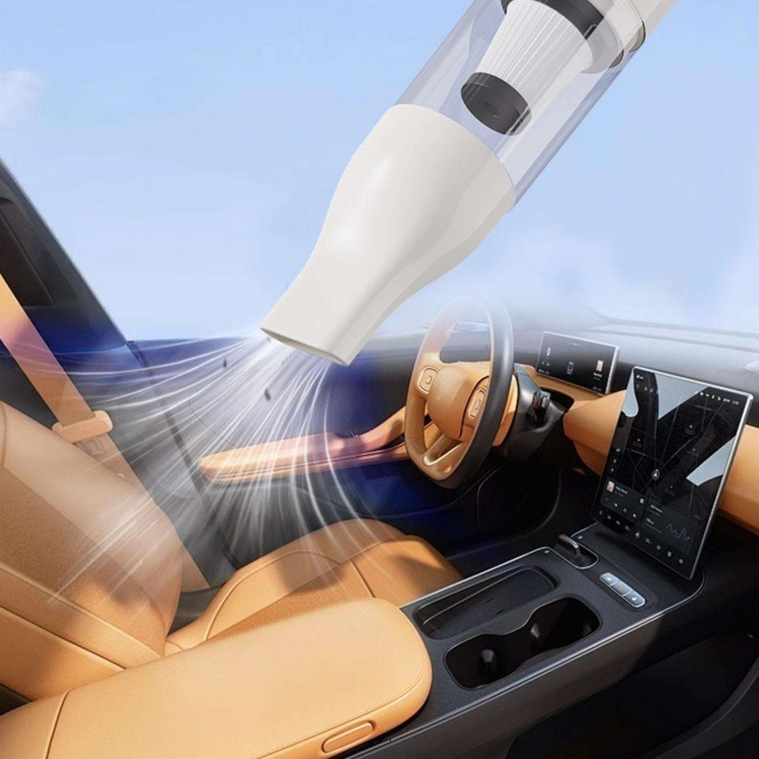 Ein weißer Handstaubsauger reinigt das Innere eines Autos mit Ledersitzen.