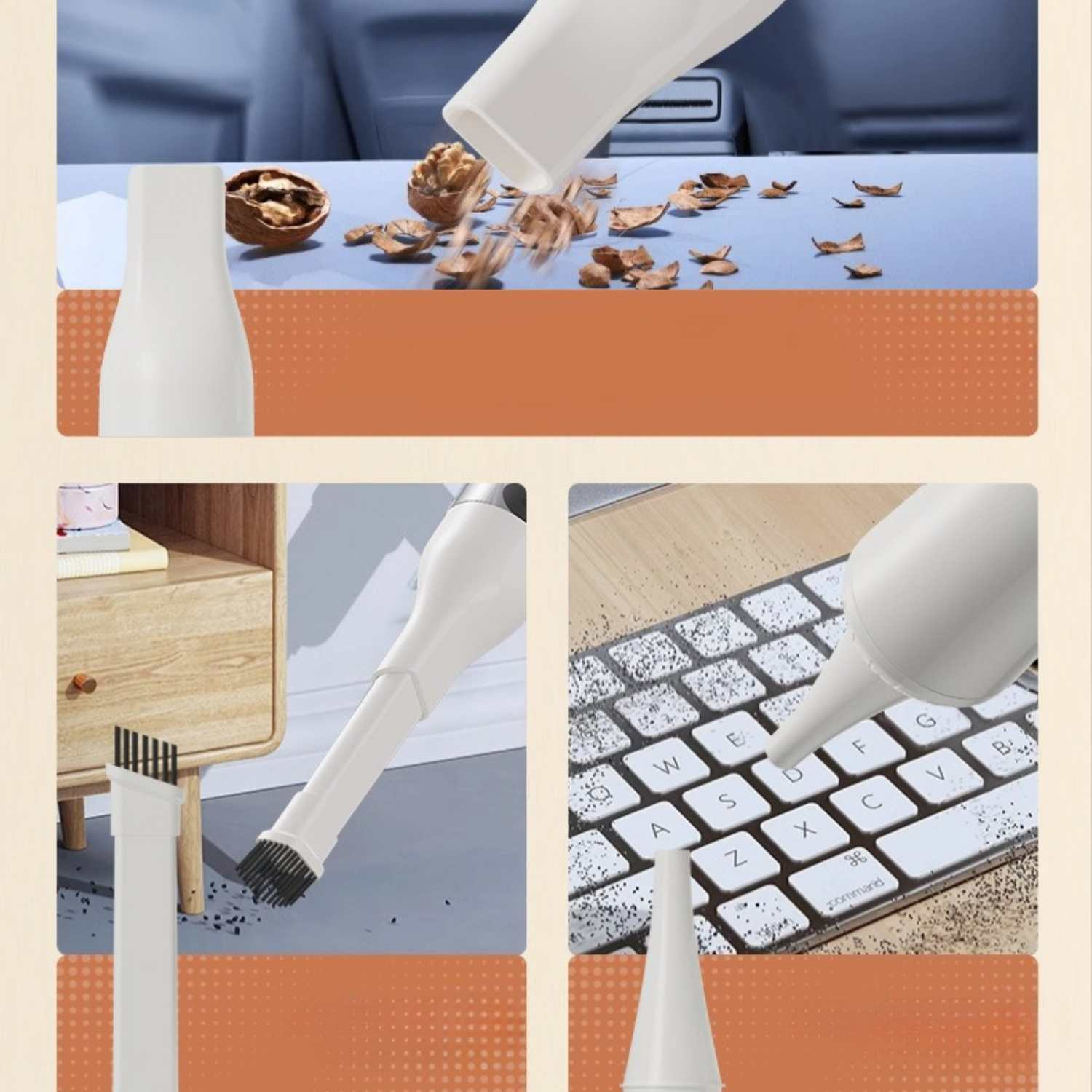 Ein weißer Handstaubsauger reinigt Nüsse, Tastatur und Boden.