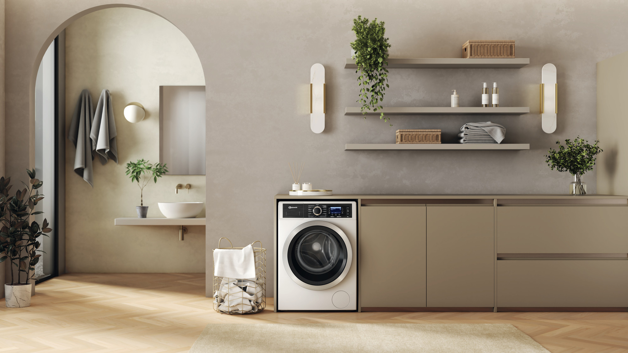Ein modernes Badezimmer mit Waschmaschine, Waschbecken und Wäschekorb.