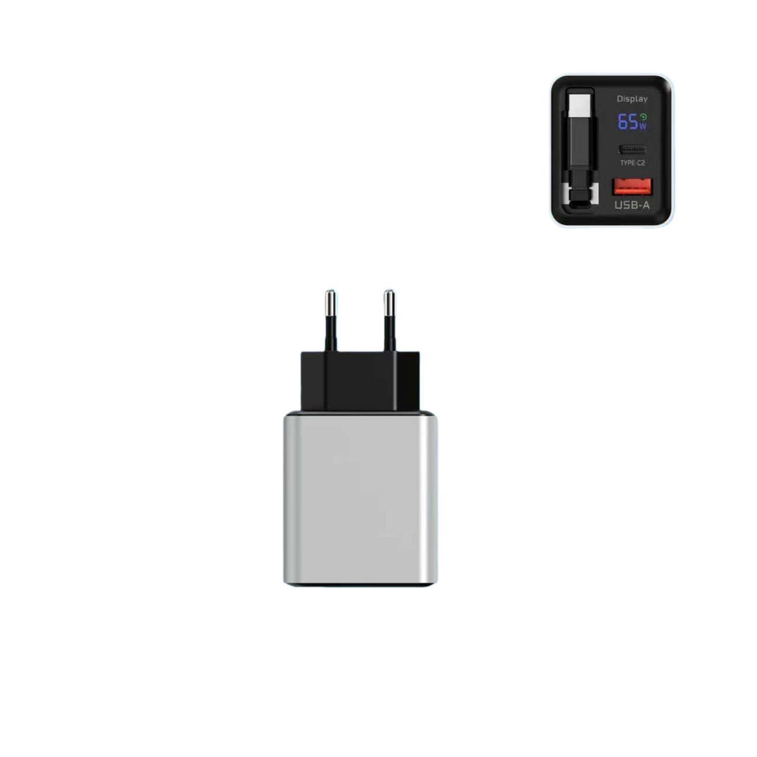 Ein silberner Netzstecker mit schwarzen Pins und ein kleiner schwarzer Ladeadapter mit Display.